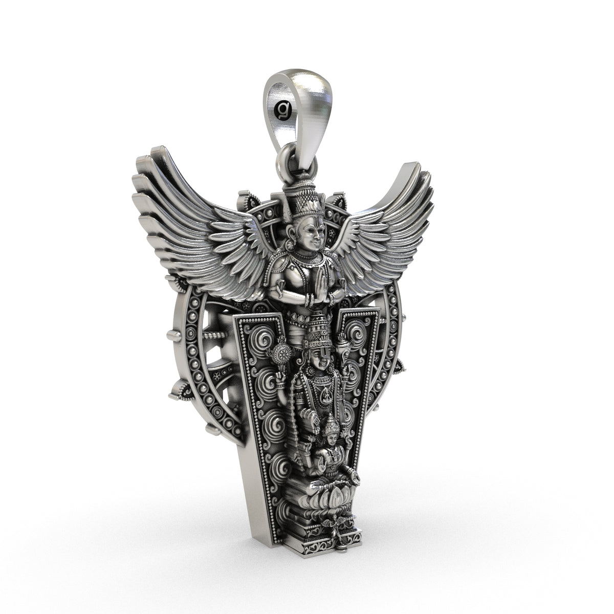 Close-up of Tirupati Balaji and lotus-seated Lakshmi on oxidized silver pendant