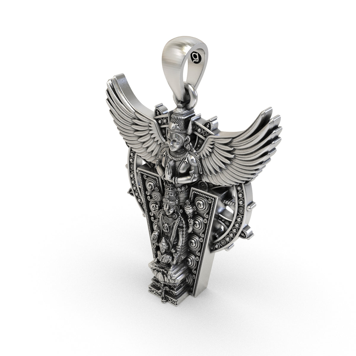Reverse of Balaji Garuda silver pendant showing hollow jali construction