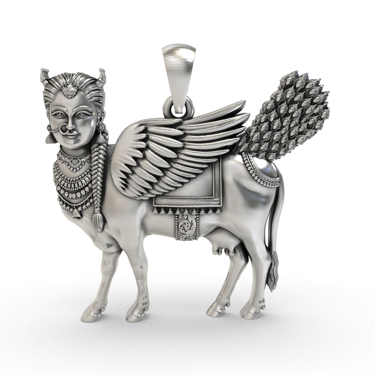 Front view of oxidized 925 sterling silver Kamadhenu pendant