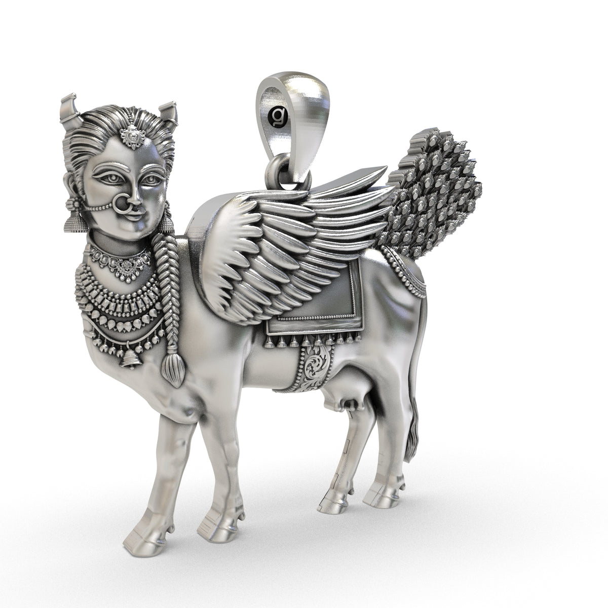 Close-up of the Kamadhenu pendant's oxidized silver detailing