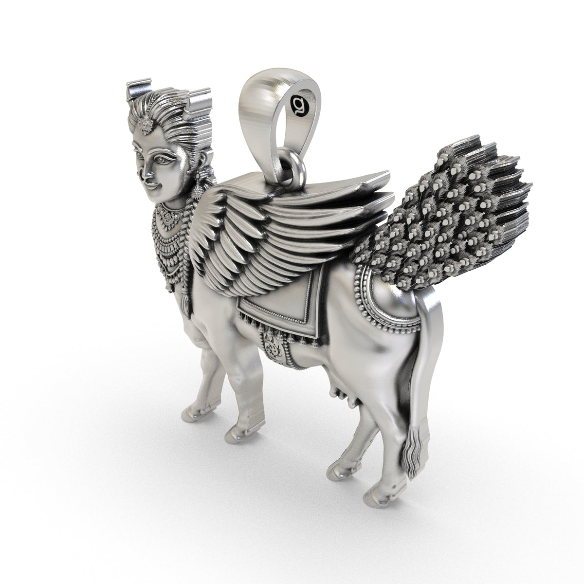 Back of Kamadhenu silver pendant showing hollow jali construction