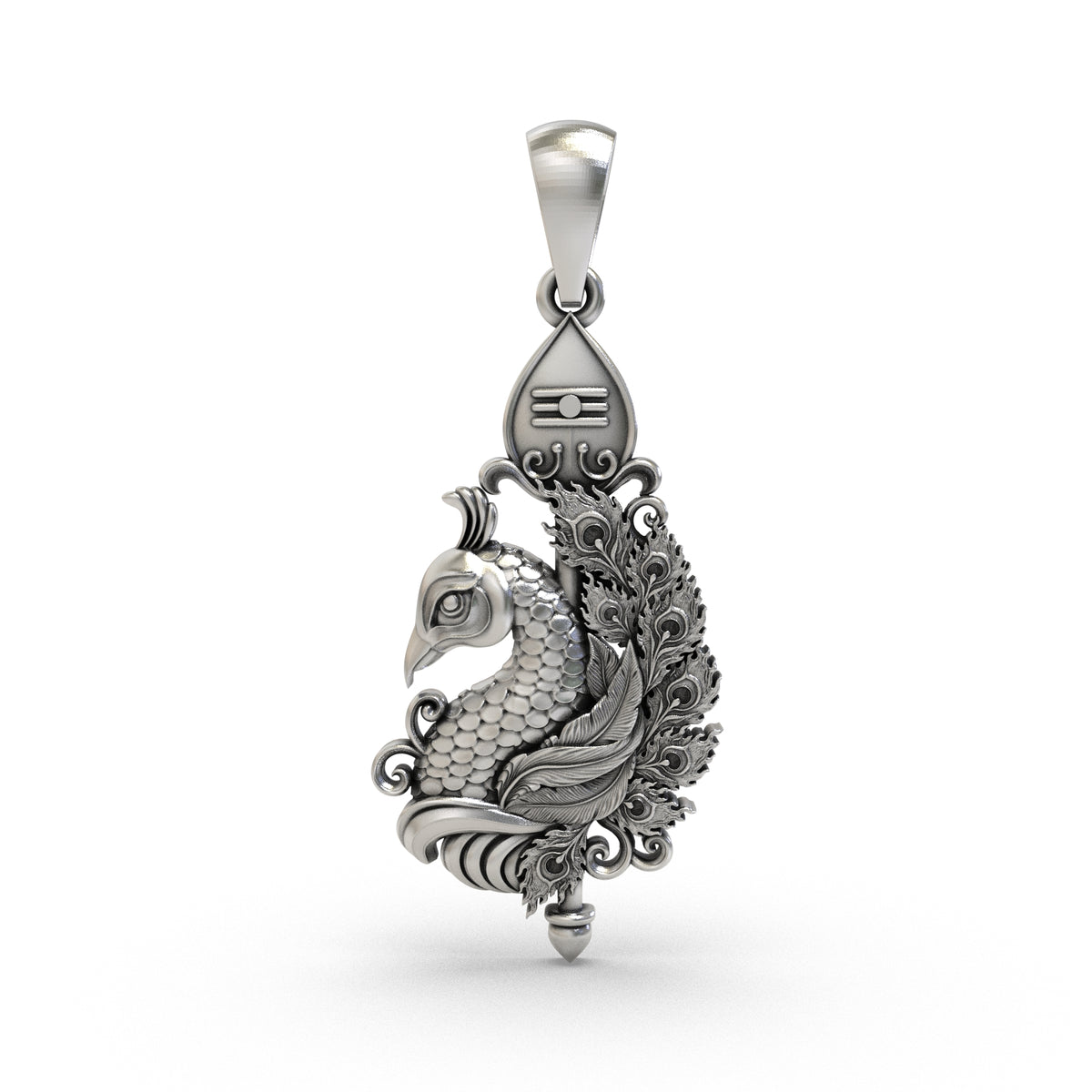 Front view of a 925 silver Murugan Vel pendant with ornate peacock and antique oxidized finish