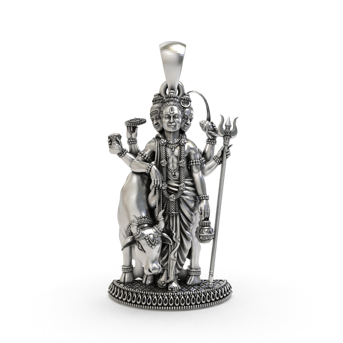 Front view of a 925 silver Dattatreya pendant featuring three faces
