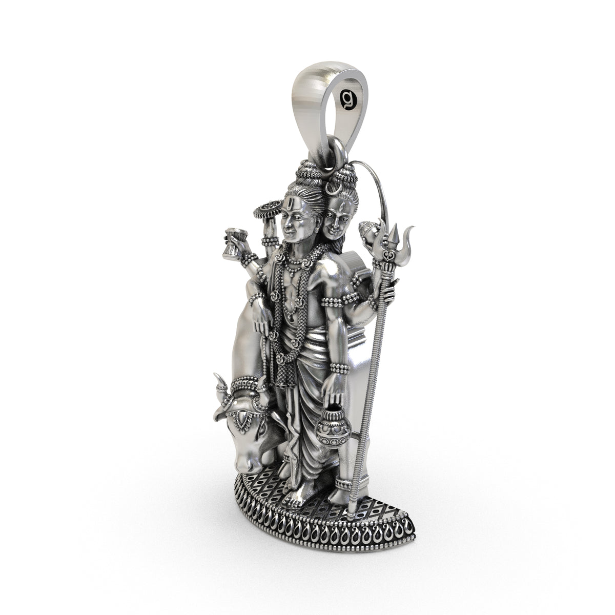 Angled view of an antique oxidized Shri Datta Guru pendant