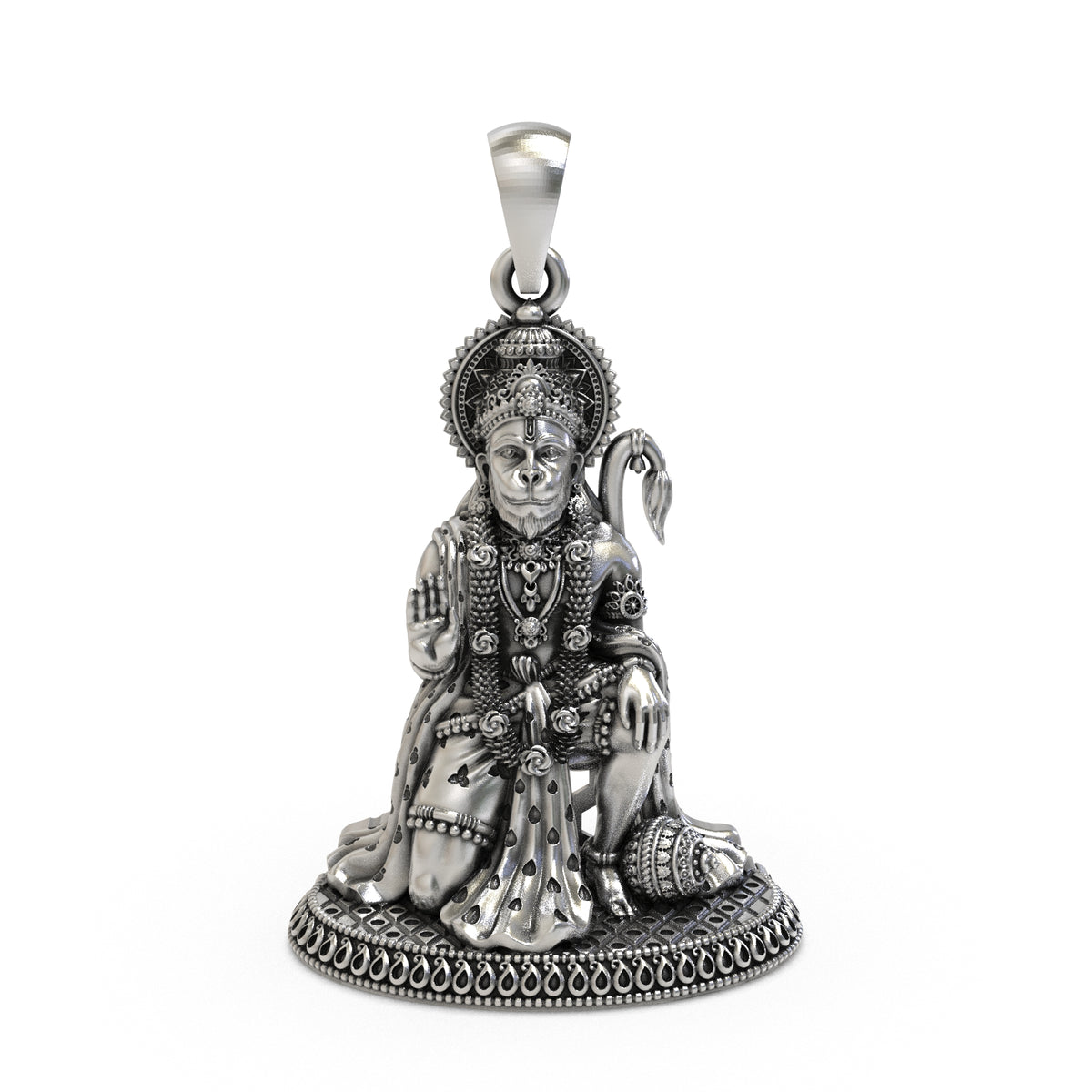 Front view of a 925 silver seated Hanumanji pendant with blessing hand crown and gada