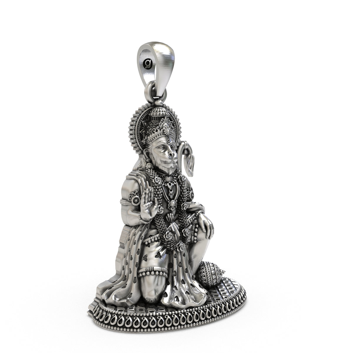 Angled view of a seated Hanumanji silver pendant showing its detailed sculptural form