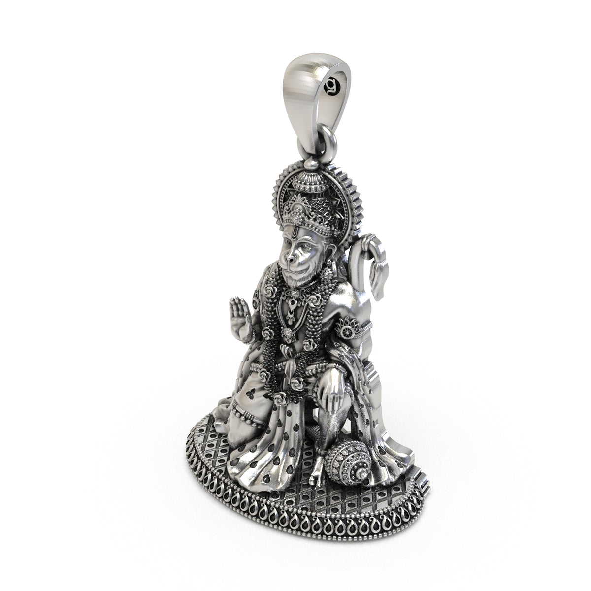 Close-up of Hanumanji's raised blessing hand on a 925 silver pendant