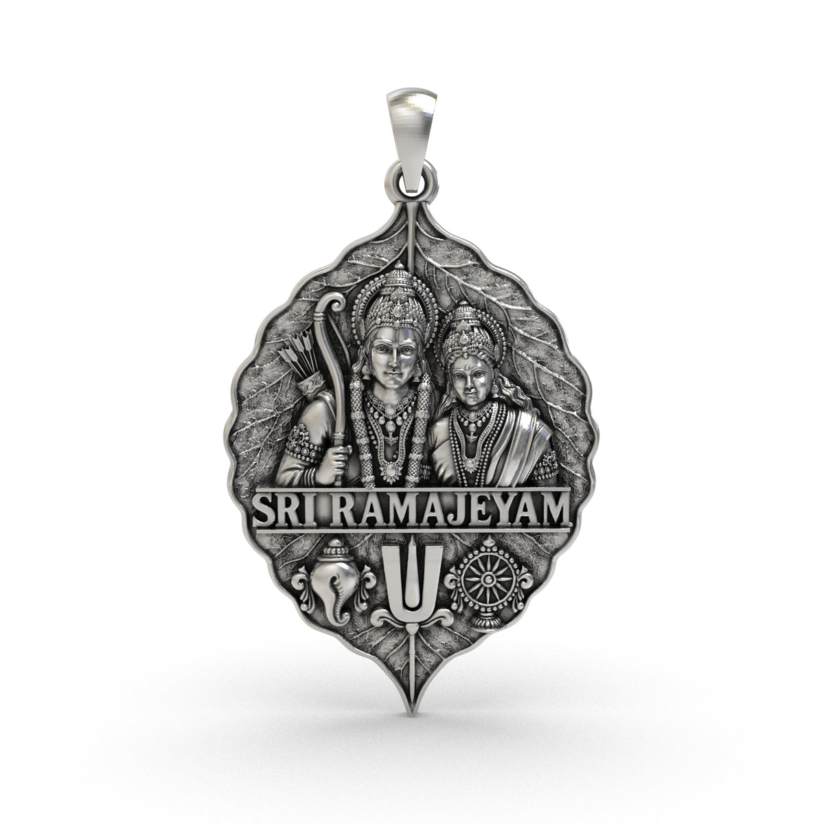Front view of 925 silver Sita Ram pendant with Sri Ramajeyam inscription and leaf-shaped frame