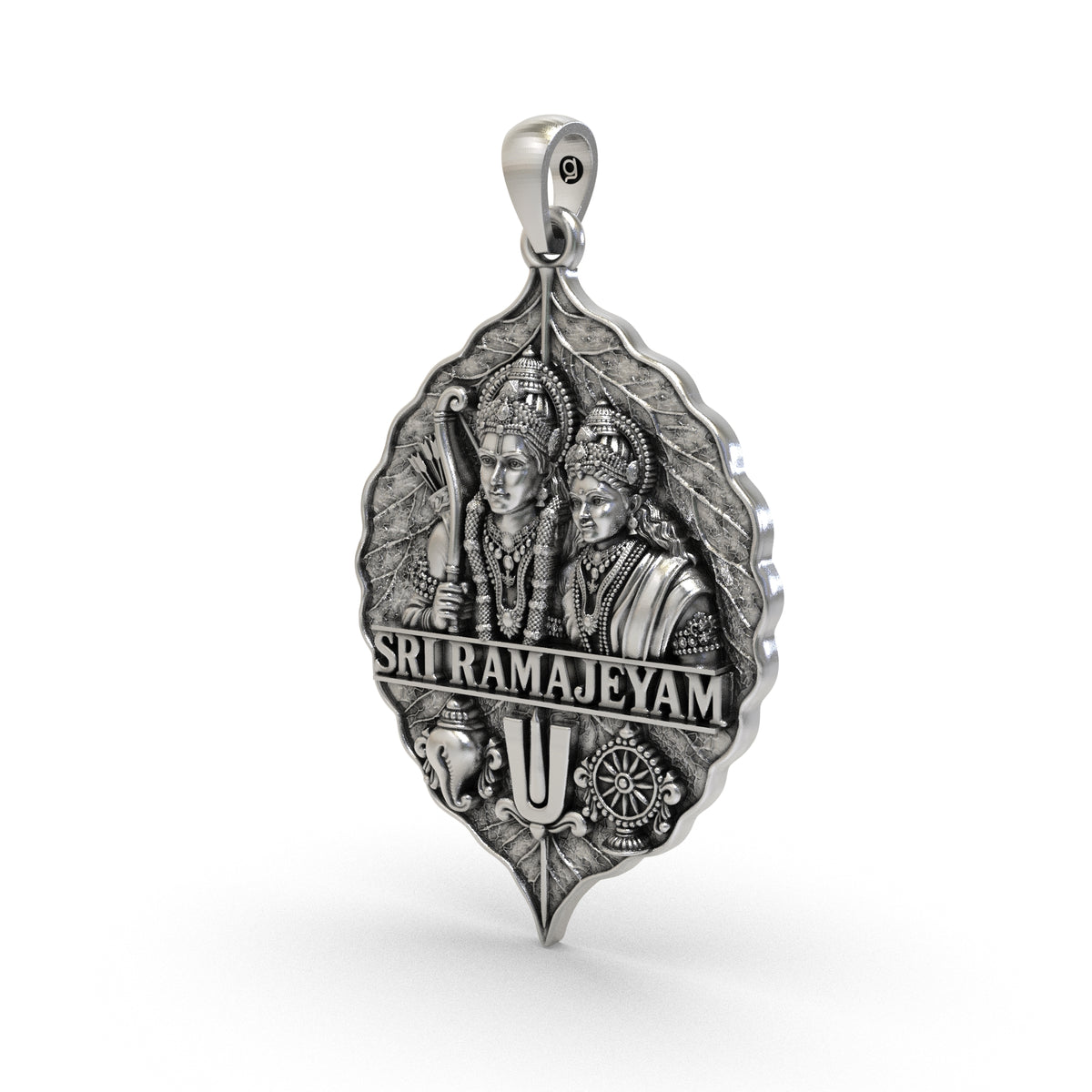 Angled view of the antique oxidized Lord Rama and Sita silver pendant