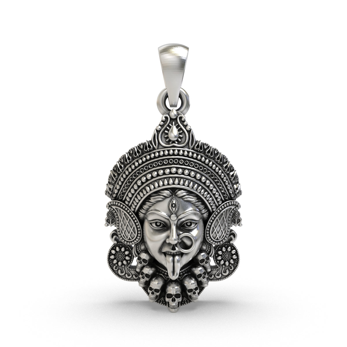 Front view of a 925 silver Kali Maa face pendant with ornate crown, third eye and skull motifs