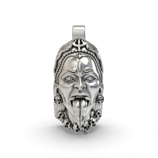 925 Silver Kali Maa Face Pendant - Hindu Goddess Jewelry