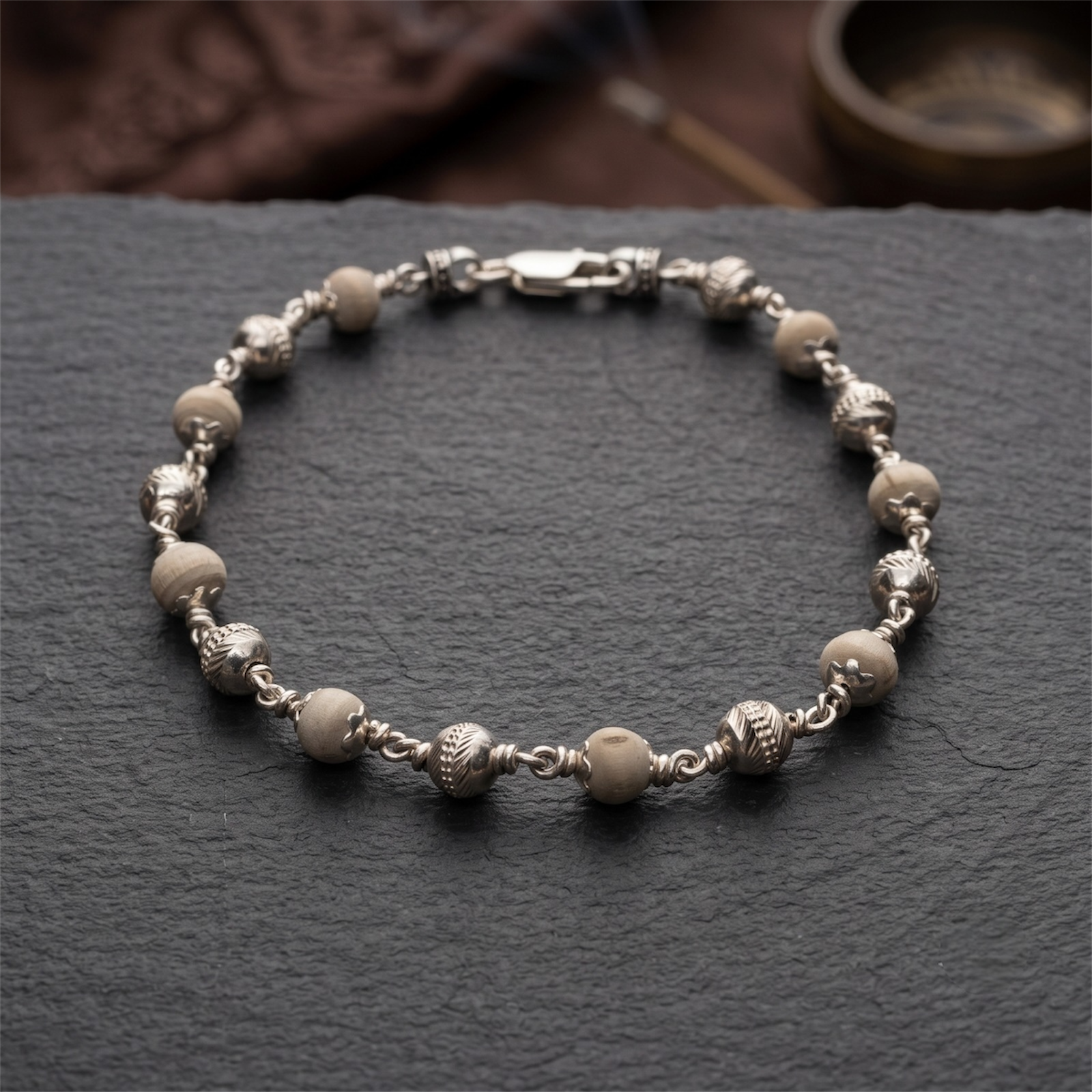 Handcrafted 925 silver Tulsi bracelet angled craftsmanship view