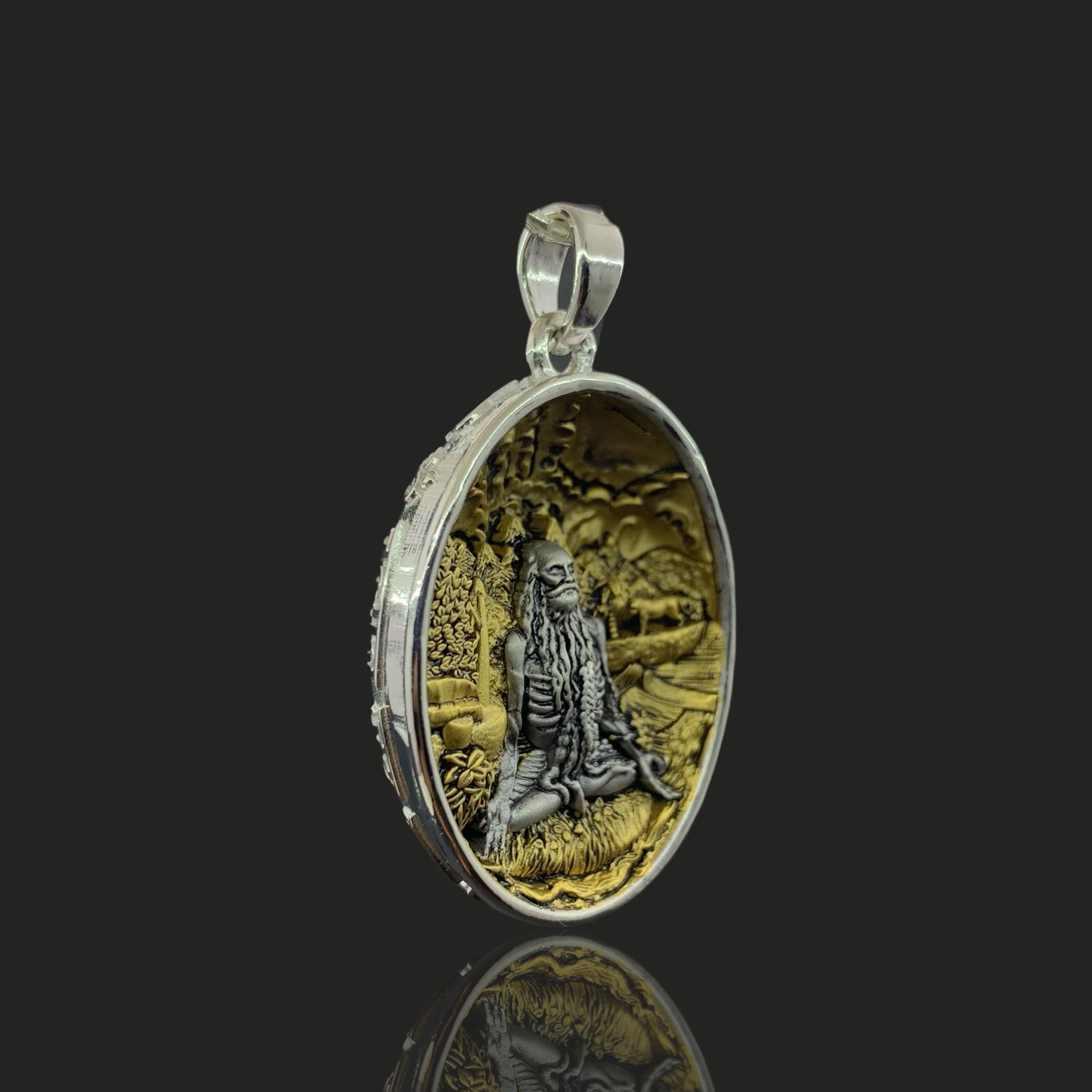 925 Sterling Silver VaghNath Bapu Pendant Maharishi Dadhichi | Two Tone Gold Touch + Oxidized Shine Finish | Nath Yogi Saint Spiritual Necklace Charm