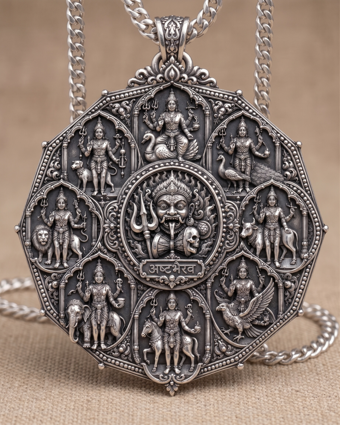 Handcrafted Ashta Bhairav 925 Silver Pendant in antique oxidized finish, designed with eight sacred Bhairav forms in a premium temple-art style.