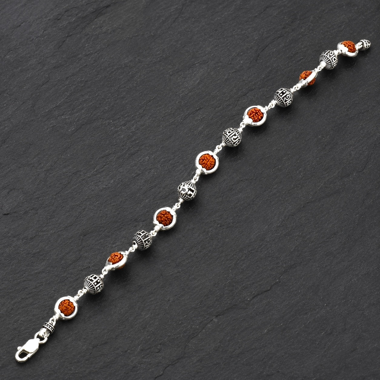Full view of 7 Rudraksha and 6 Shiva mantra silver bead bracelet