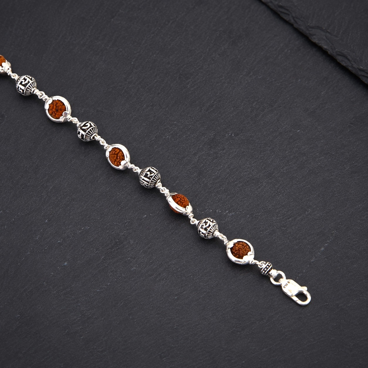 Full view of 7 Rudraksha and 6 Lord Ram silver bead bracelet