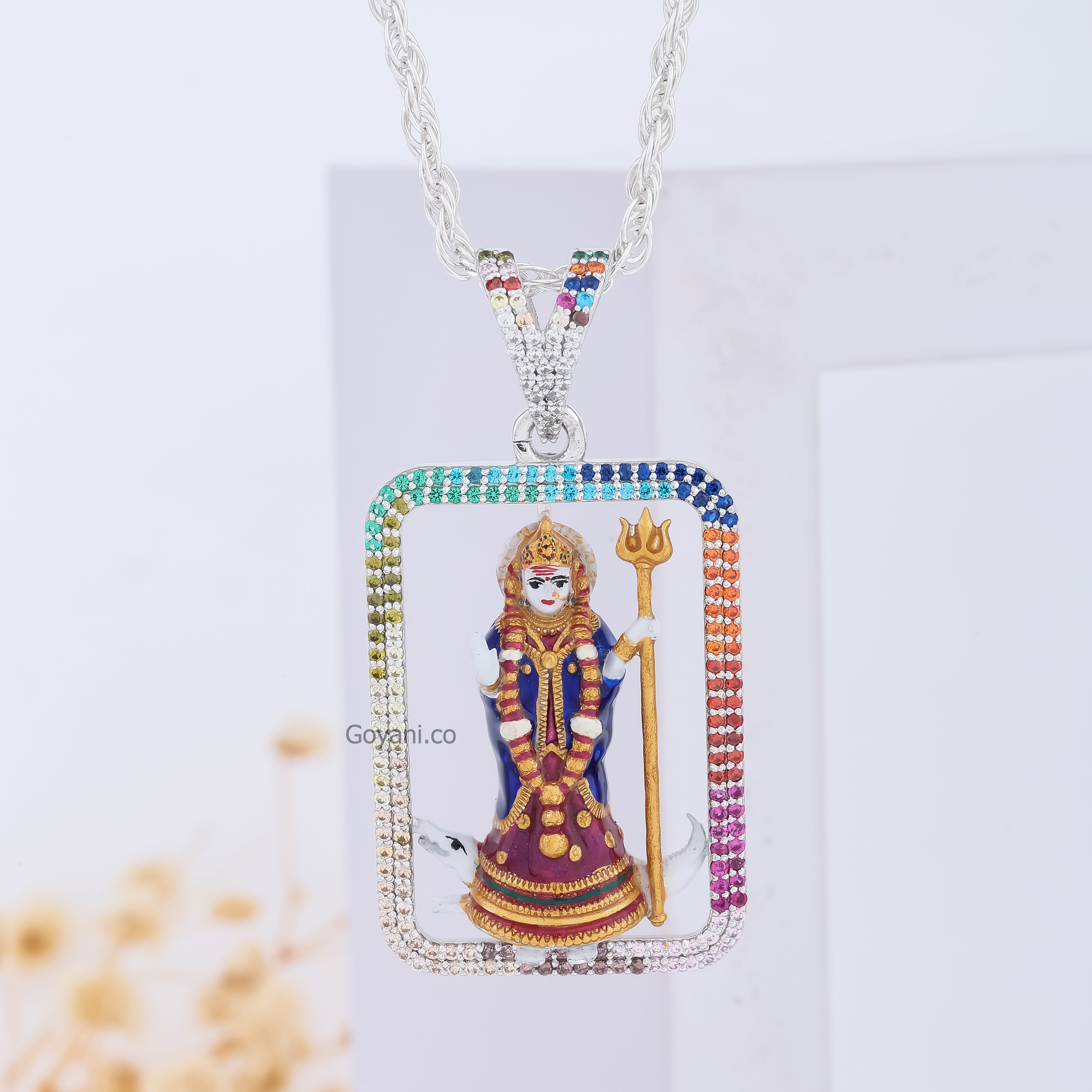 Silver Khodiyar Maa Rainbow Diamond Pendant