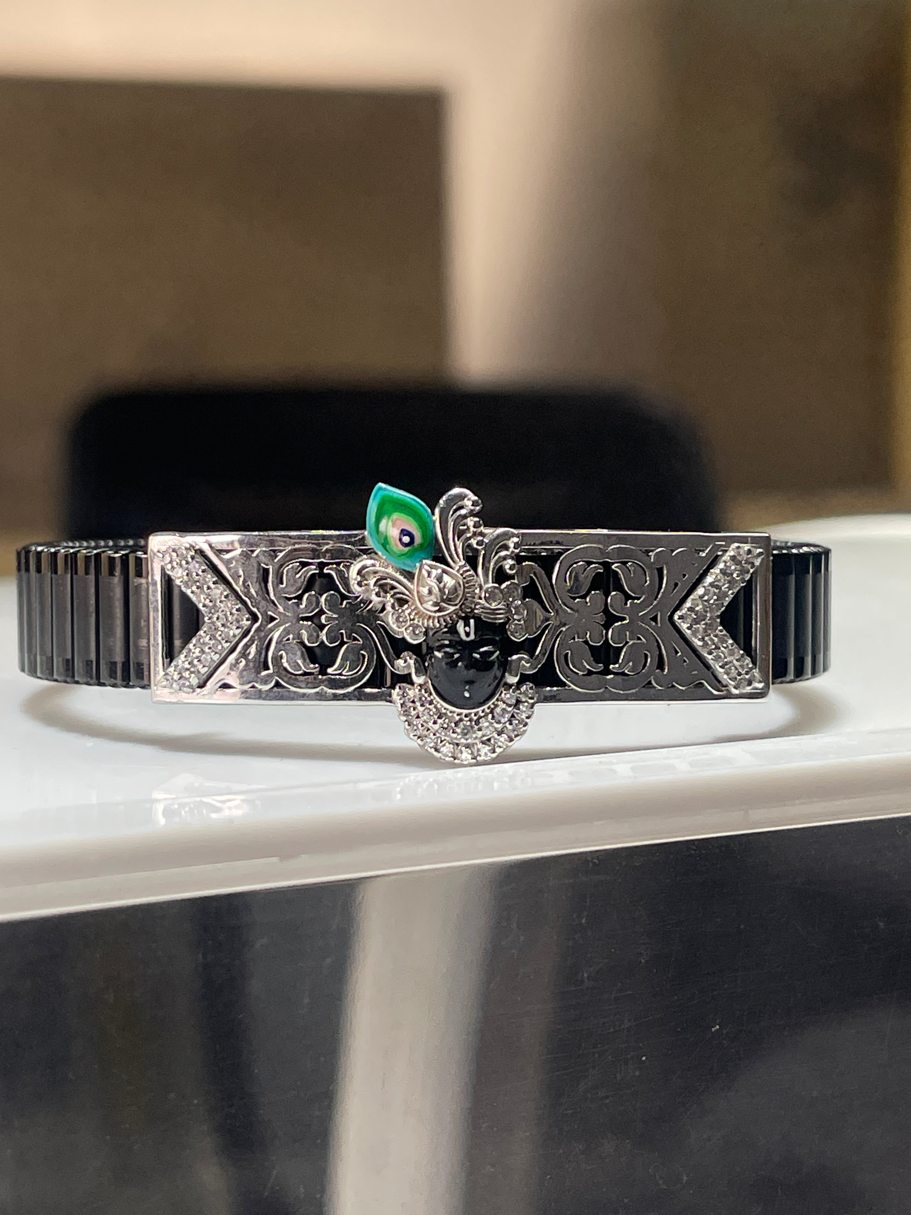 Divine Shrinathji Bracelet in 925 Silver | Handcrafted Meena Enamel Work | Spiritual Stainless Steel Kada for Men