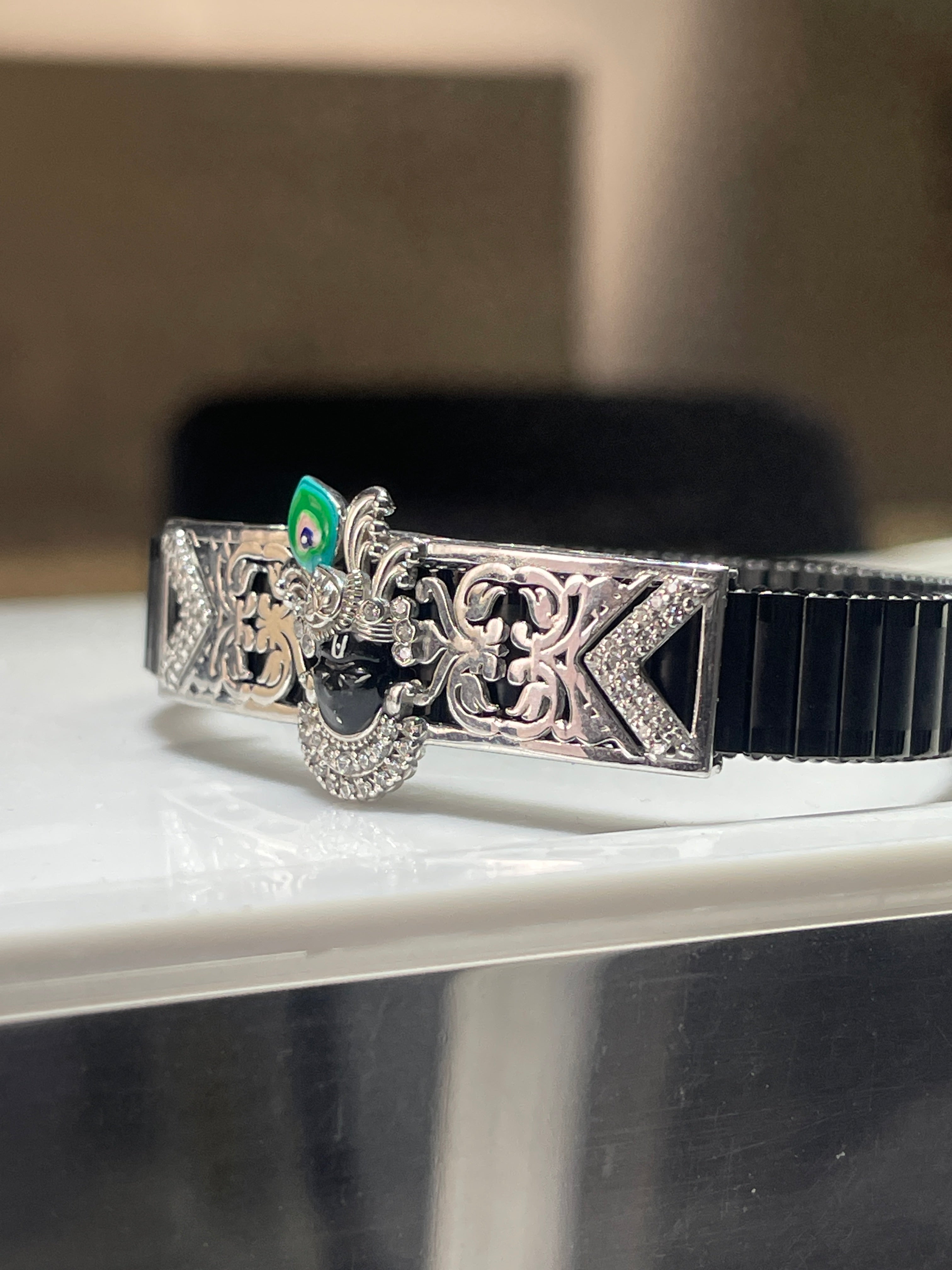 Divine Shrinathji Bracelet in 925 Silver | Handcrafted Meena Enamel Work | Spiritual Stainless Steel Kada for Men