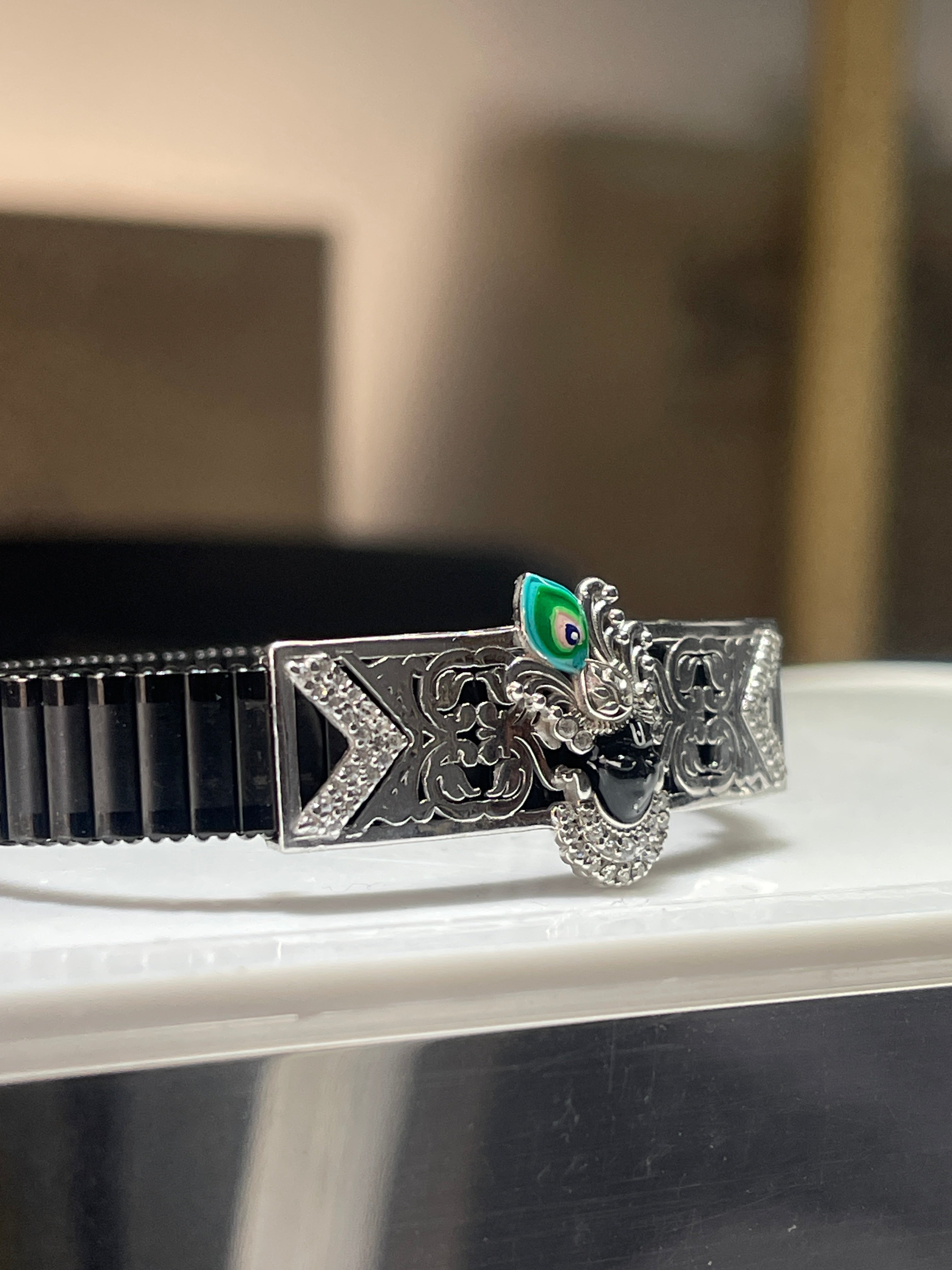Divine Shrinathji Bracelet in 925 Silver | Handcrafted Meena Enamel Work | Spiritual Stainless Steel Kada for Men