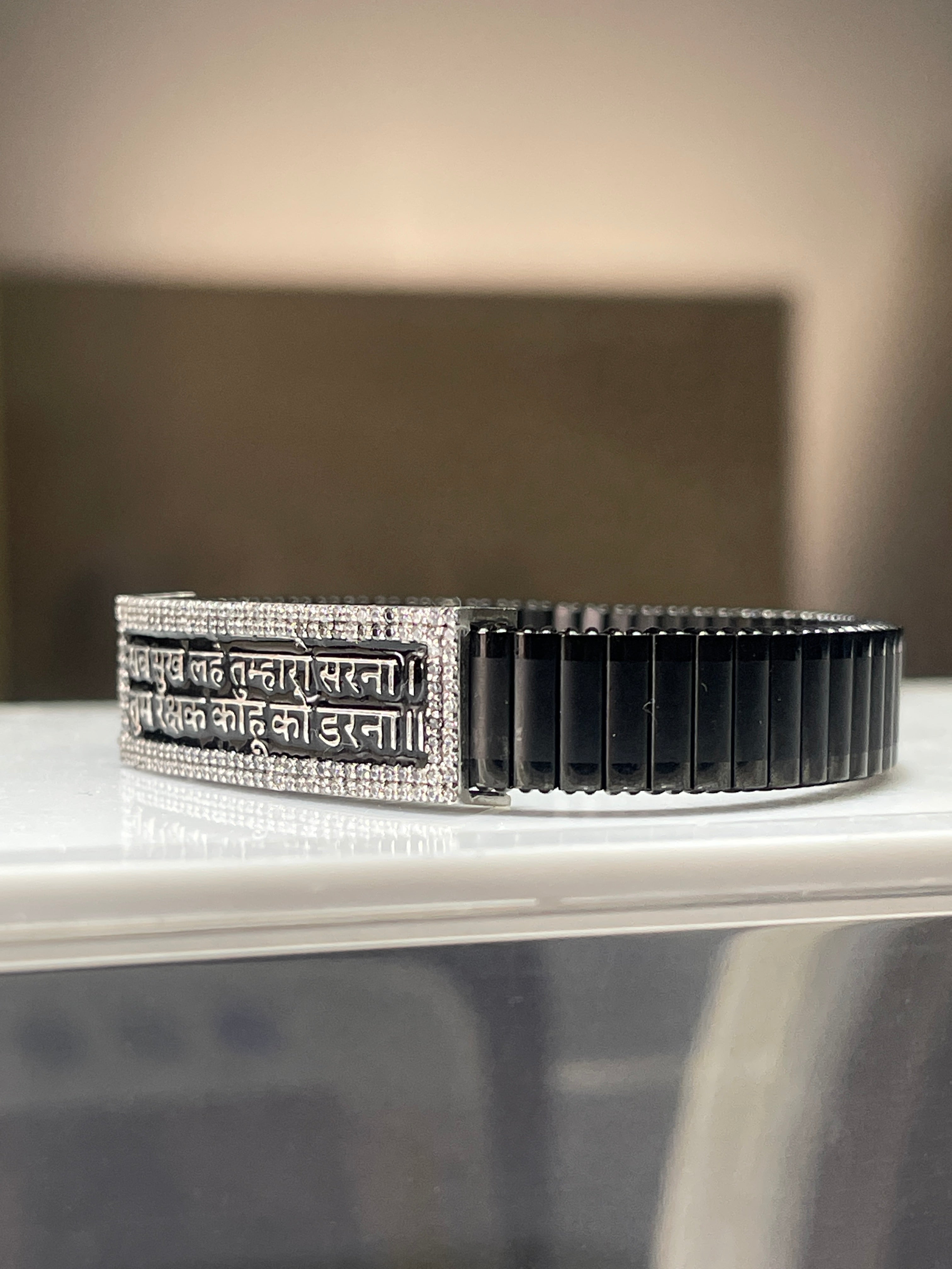 Hanuman Chalisa Bracelet – 925 Silver Black Kada with Mantra Engraving | Spiritual Men’s Kada | सब सुख लहे तुम्हारी शरणा Bracelet