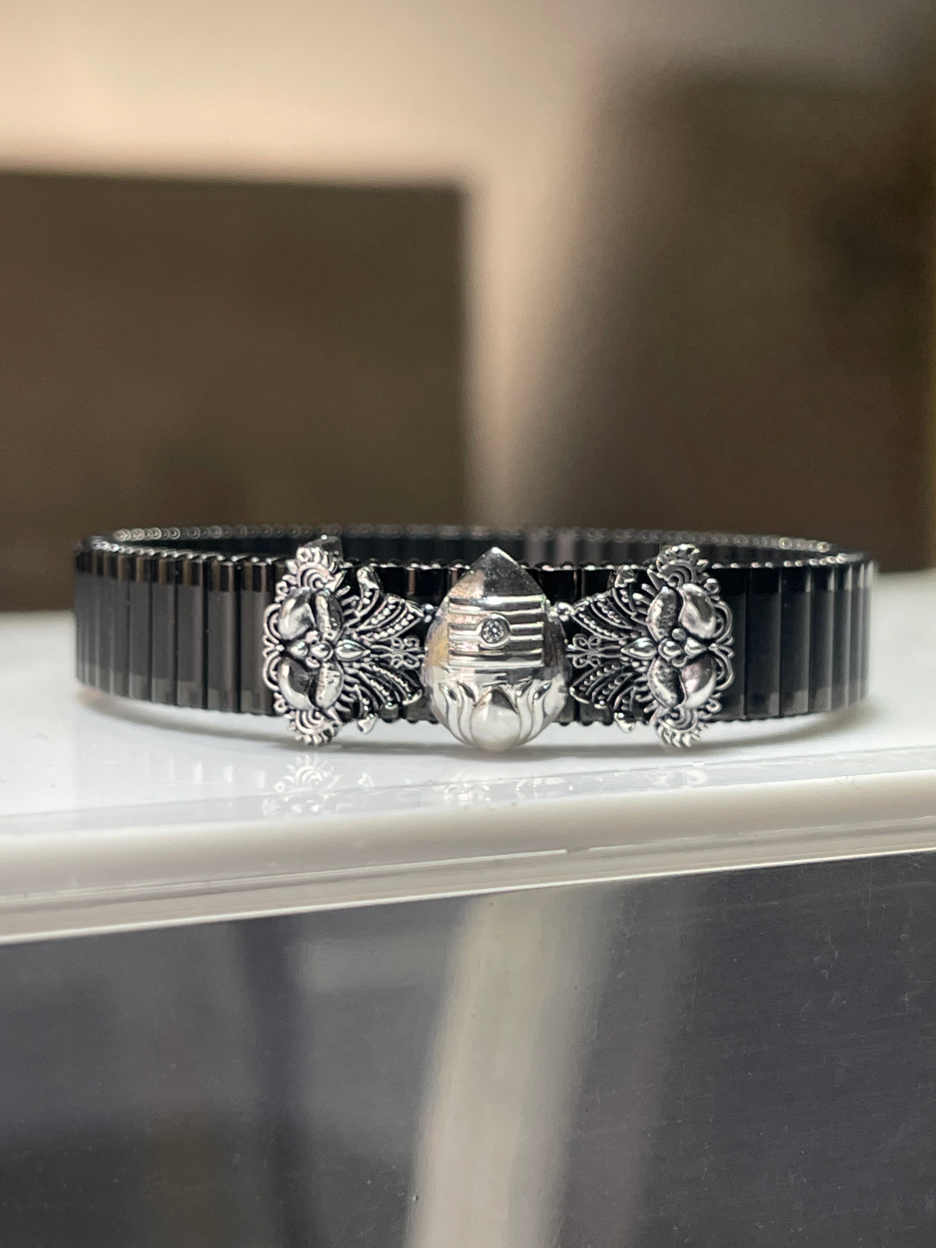 Murugan Vel Bracelet for Men | Lord Kartikeya Kada | Spiritual Silver Plated Kada with Black Strap | Hindu Religious Jewelry
