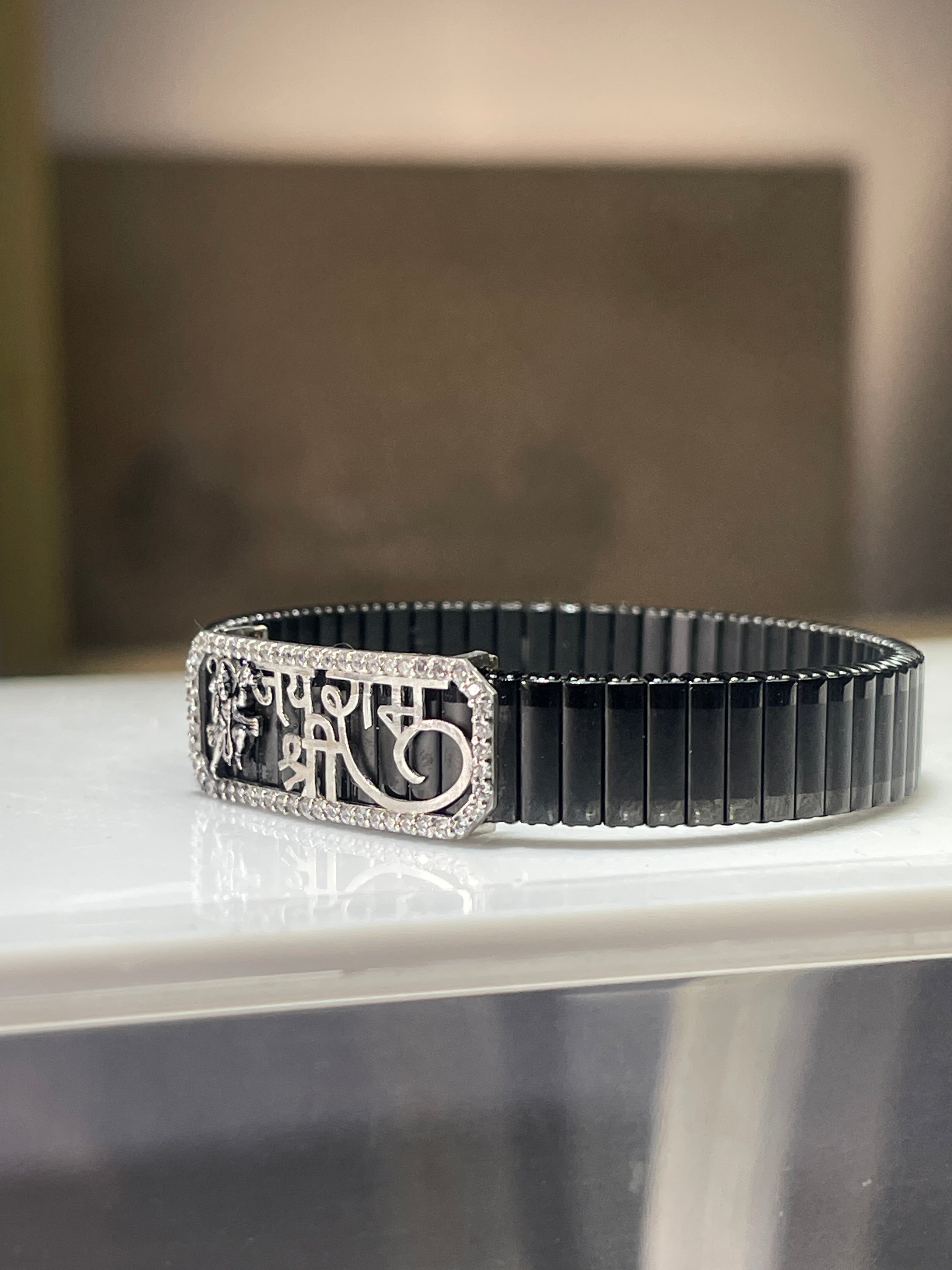 925 Silver Hanuman Ji Bracelet | Jai Shree Ram Kada with  Diamonds | Adjustable Strap Spiritual Kada for Men