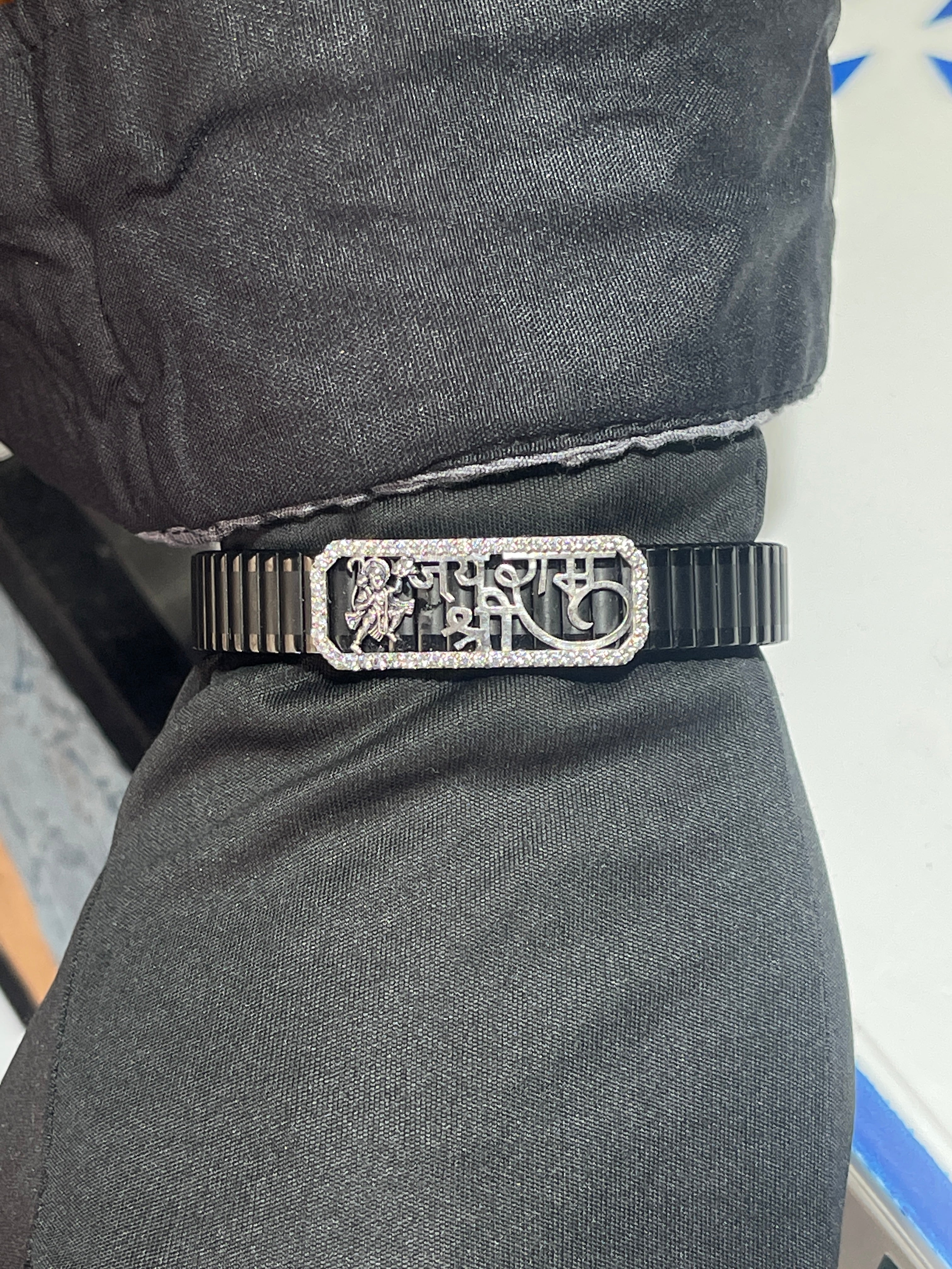 925 Silver Hanuman Ji Bracelet | Jai Shree Ram Kada with  Diamonds | Adjustable Strap Spiritual Kada for Men