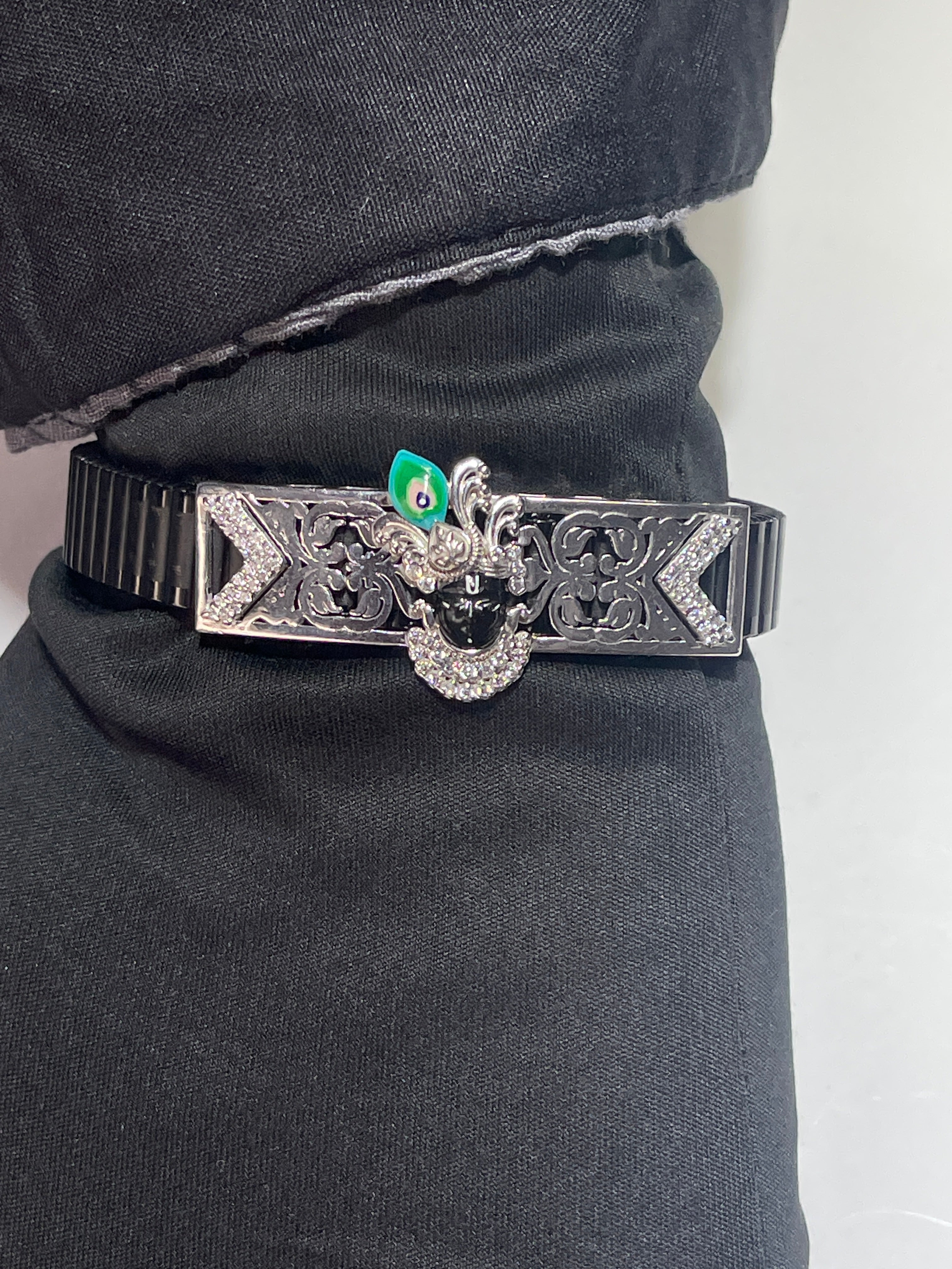 Divine Shrinathji Bracelet in 925 Silver | Handcrafted Meena Enamel Work | Spiritual Stainless Steel Kada for Men