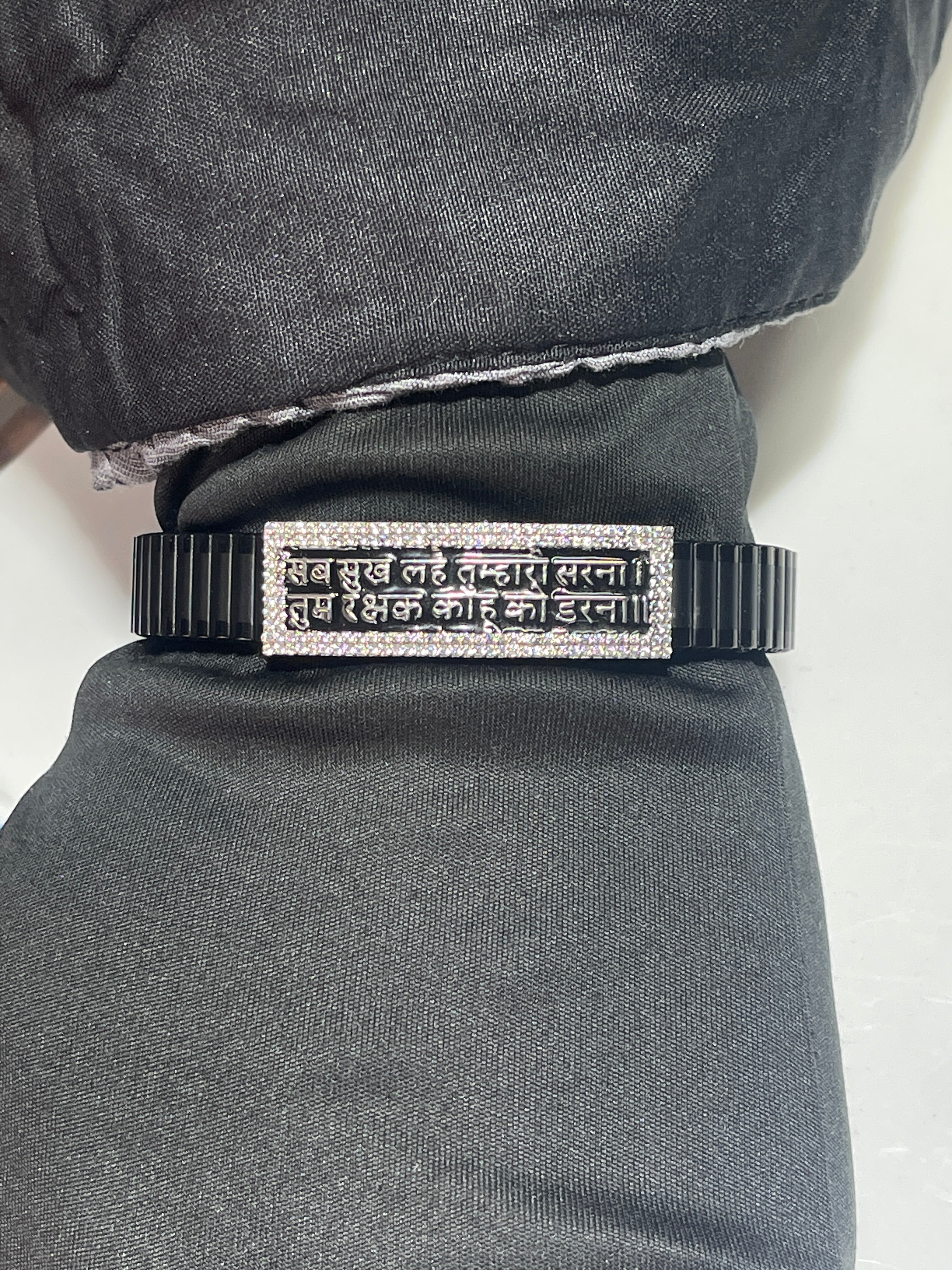 Hanuman Chalisa Bracelet – 925 Silver Black Kada with Mantra Engraving | Spiritual Men’s Kada | सब सुख लहे तुम्हारी शरणा Bracelet