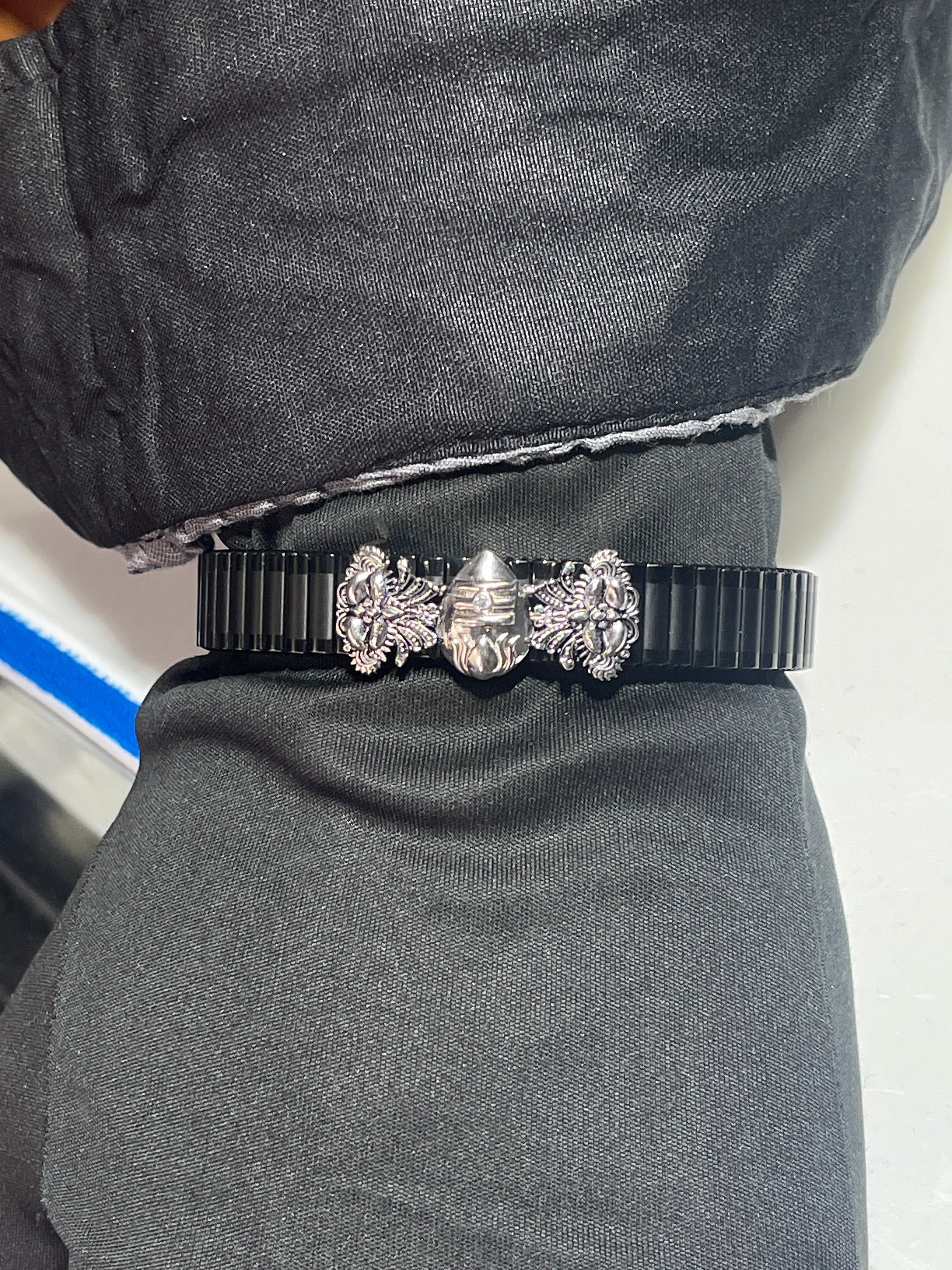 Murugan Vel Bracelet for Men | Lord Kartikeya Kada | Spiritual Silver Plated Kada with Black Strap | Hindu Religious Jewelry