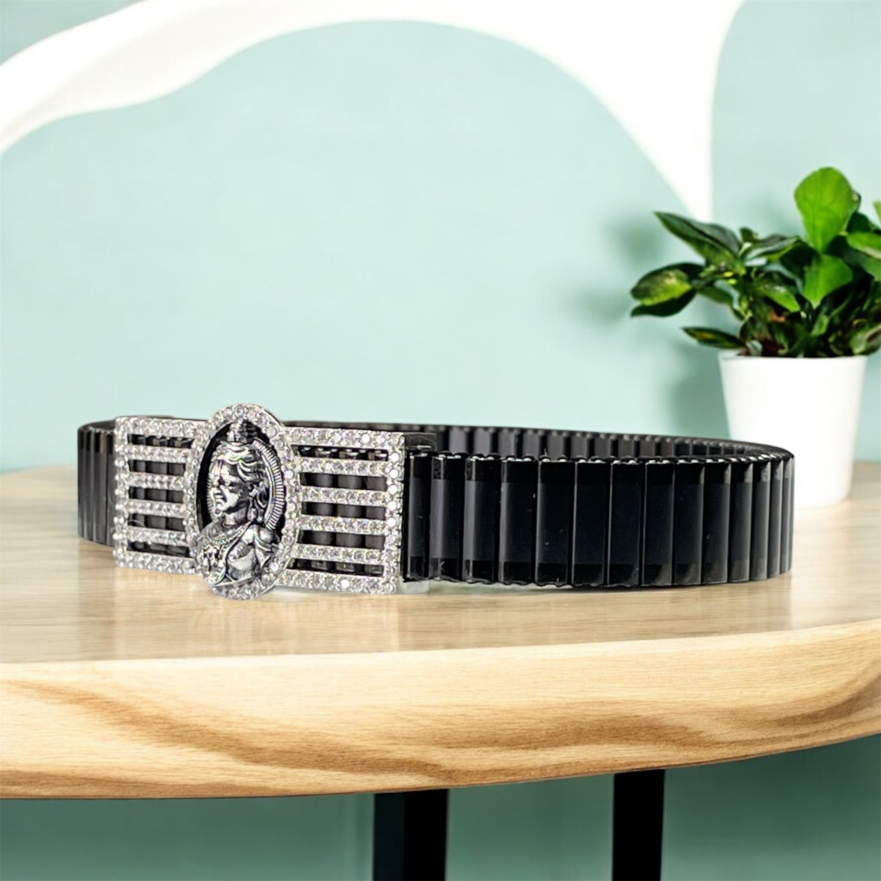 925 Silver Ram Lalla Bracelet | Divine Child Lord Ram Motif with Iced Border | Black Stainless-Steel Link Strap | Spiritual Unisex Kada