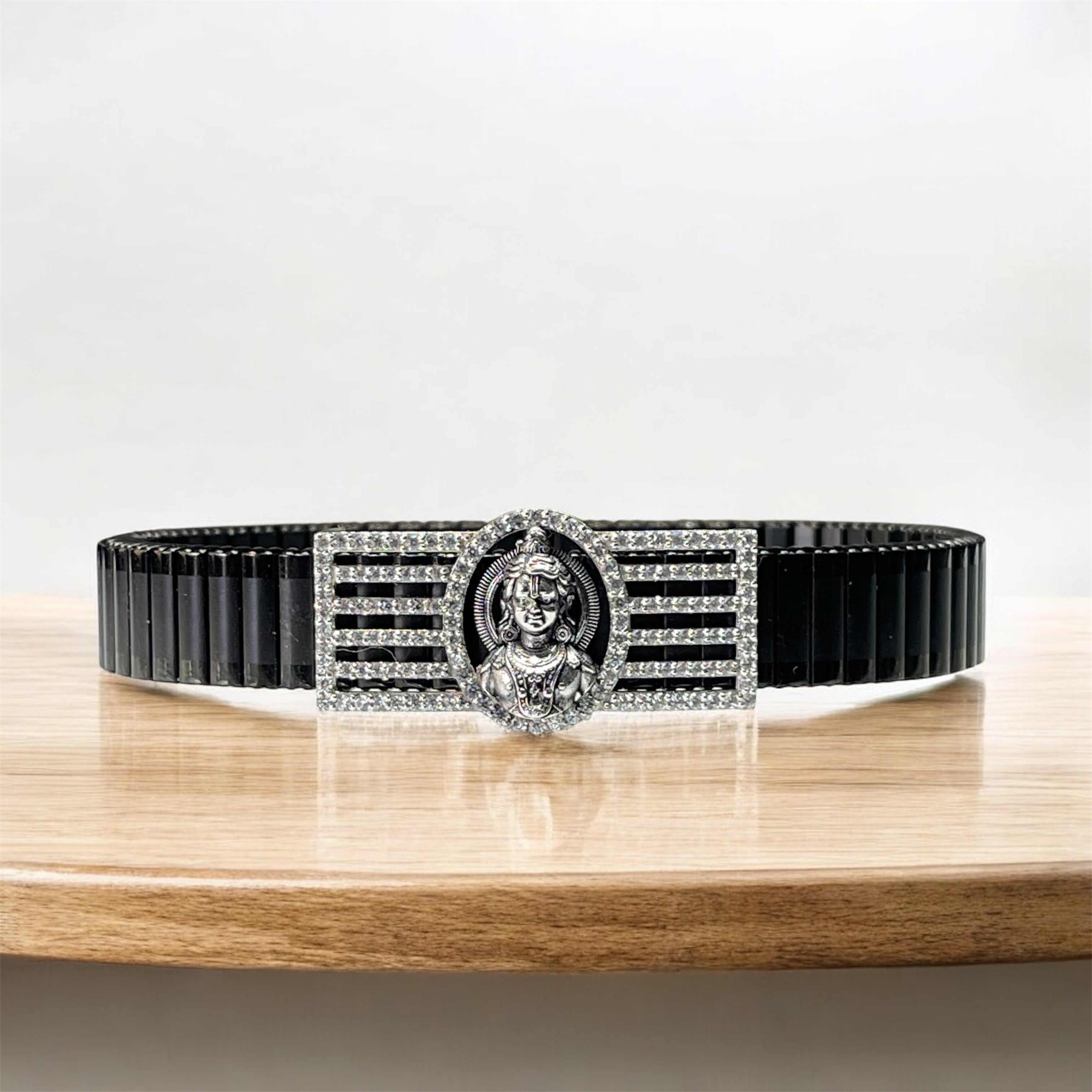 925 Silver Ram Lalla Bracelet | Divine Child Lord Ram Motif with Iced Border | Black Stainless-Steel Link Strap | Spiritual Unisex Kada