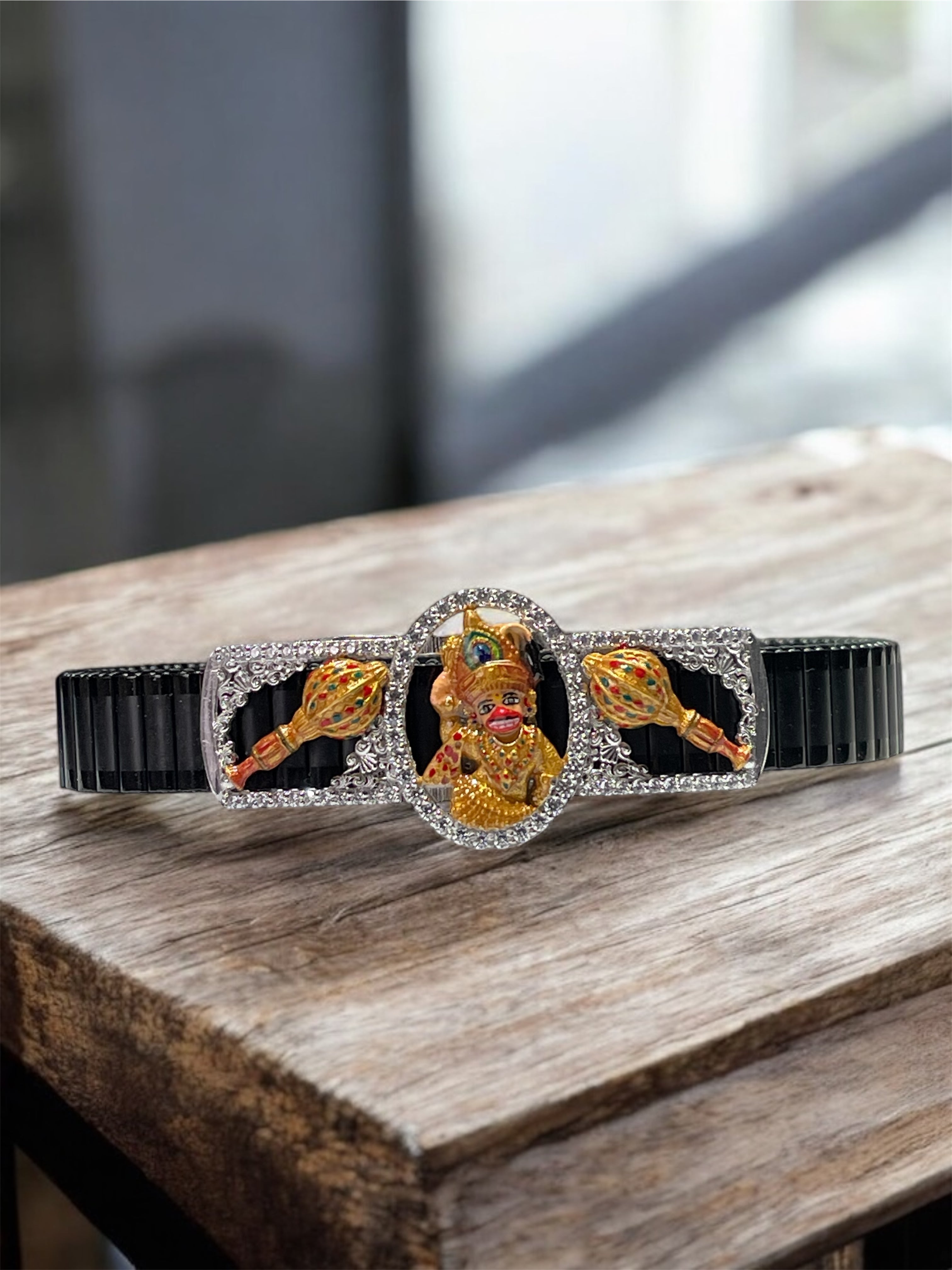 925 Silver Kashtbhanjandev Salangpur Hanumanji Bracelet | Enamel Hanuman Motif with Dual Gada & Iced Border