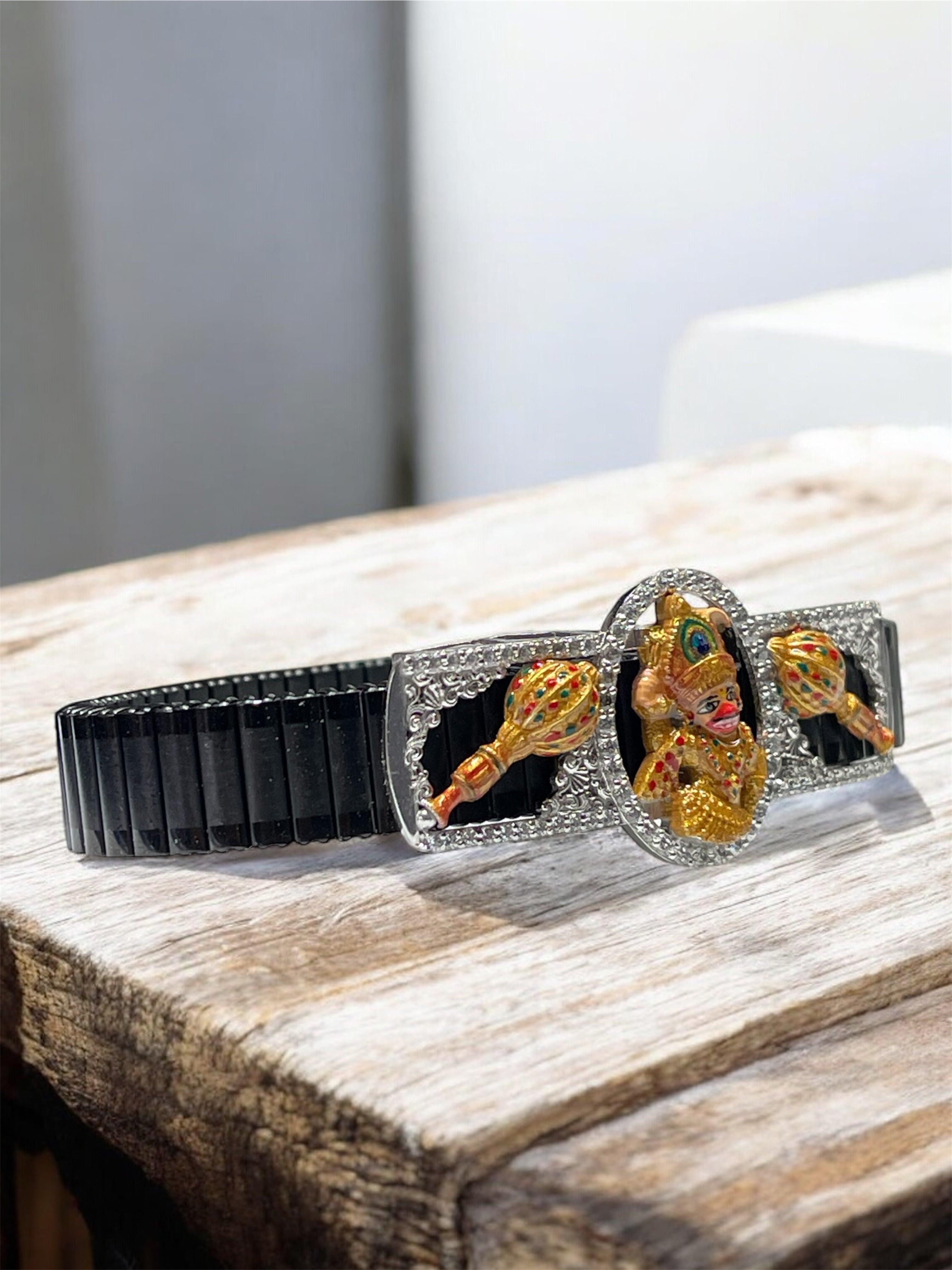 925 Silver Kashtbhanjandev Salangpur Hanumanji Bracelet | Enamel Hanuman Motif with Dual Gada & Iced Border