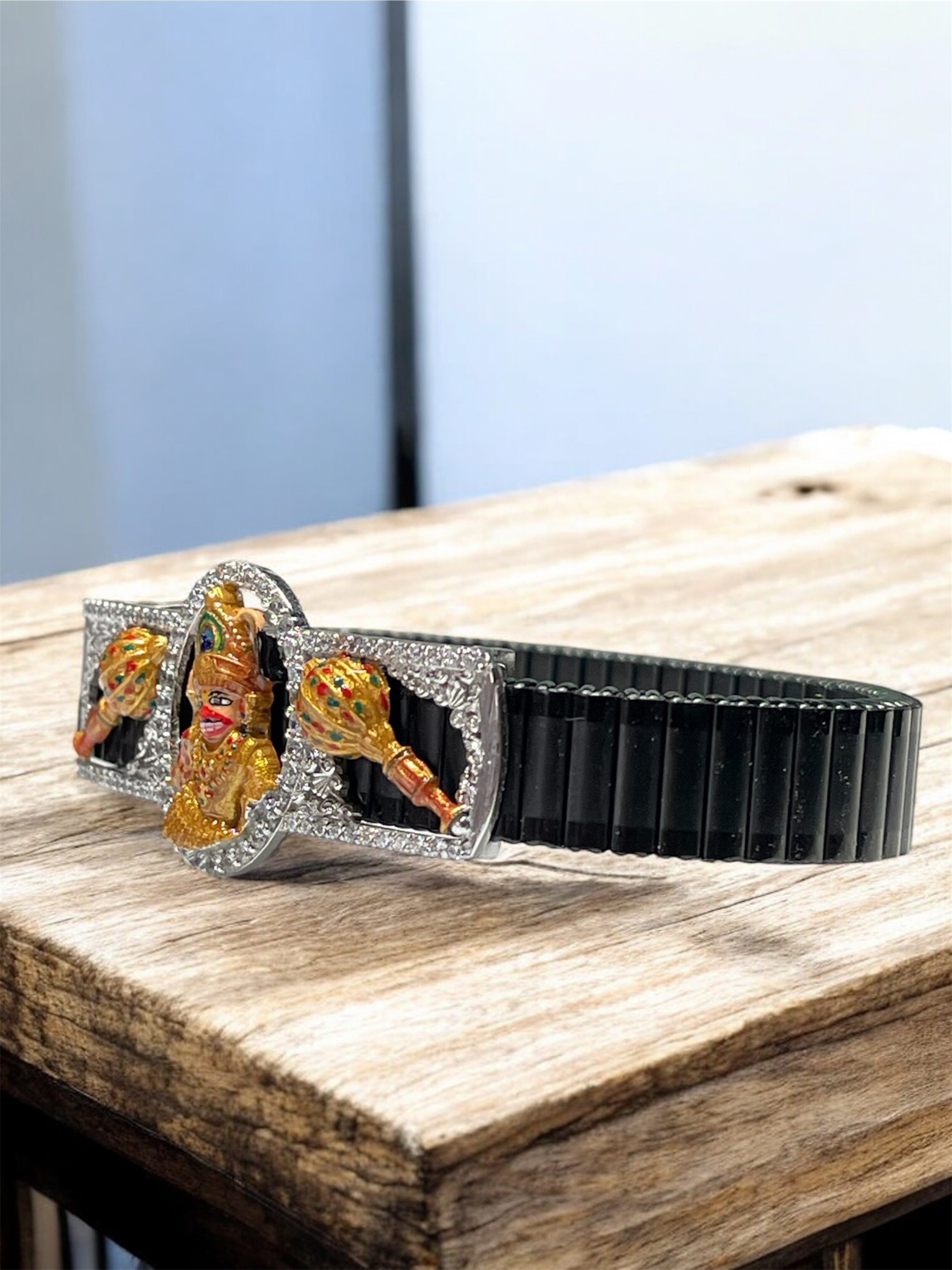 925 Silver Kashtbhanjandev Salangpur Hanumanji Bracelet | Enamel Hanuman Motif with Dual Gada & Iced Border