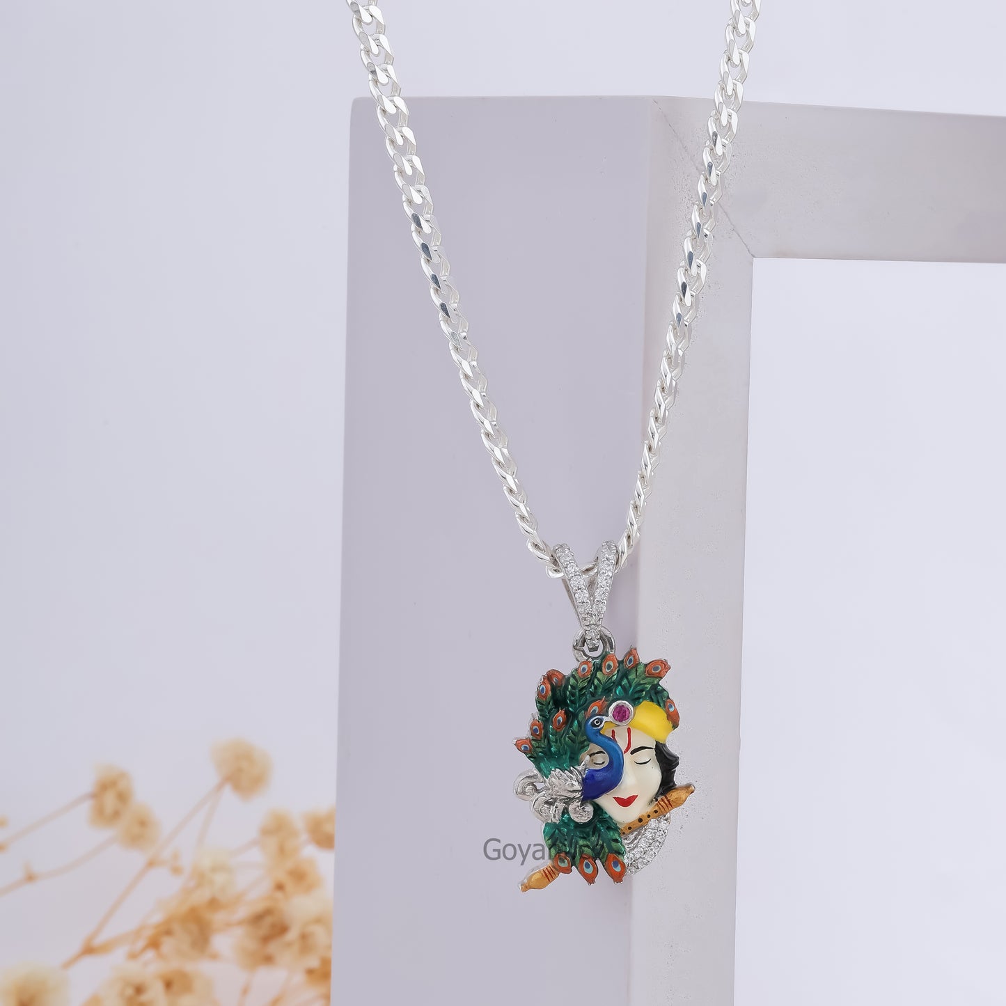 Krishna with Peacock Enamel 925 Silver Pendant