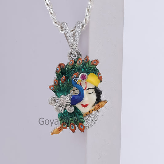 Krishna with Peacock Enamel 925 Silver Pendant