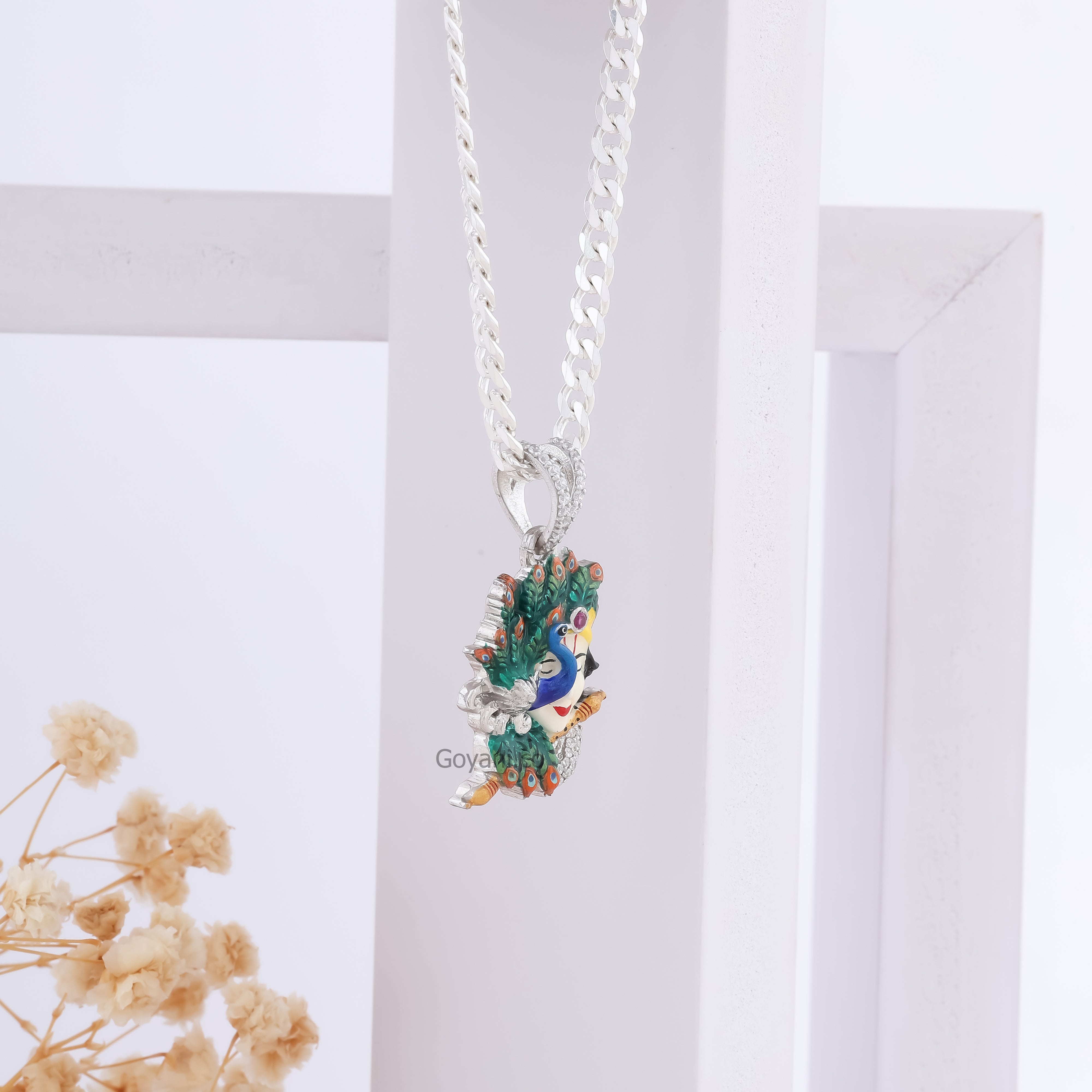 Krishna with Peacock Enamel 925 Silver Pendant