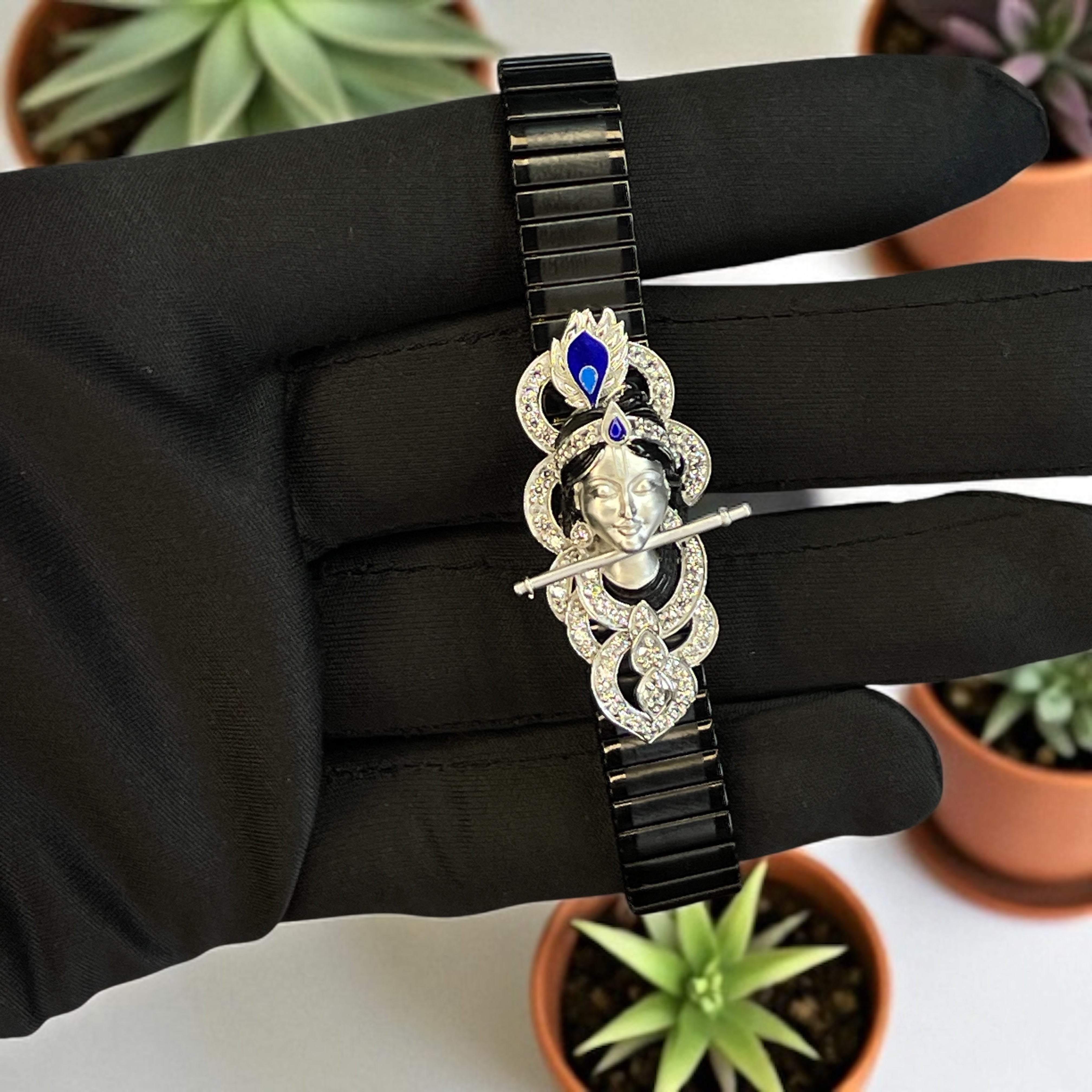 Divine 925 Silver Krishna Bracelet with Stone & Enamel Work – Spiritual Elegance for Devotees Worldwide