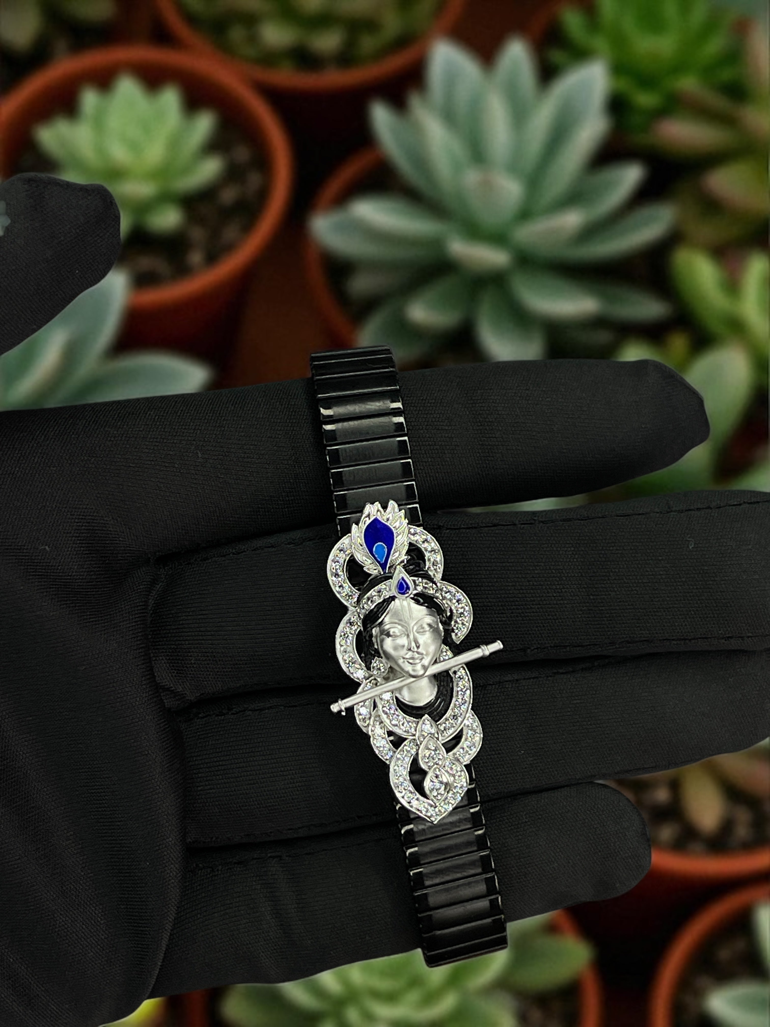 Divine 925 Silver Krishna Bracelet with Stone & Enamel Work – Spiritual Elegance for Devotees Worldwide