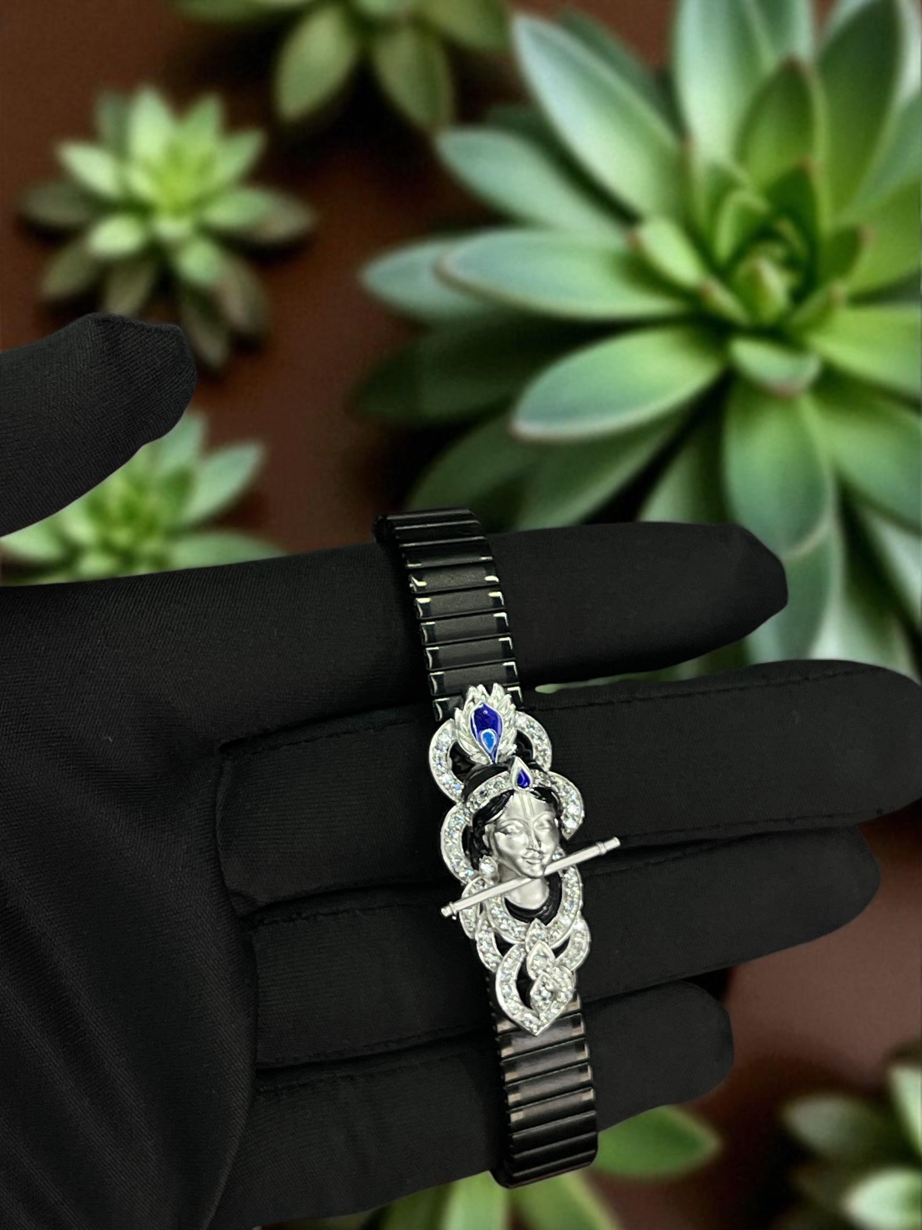 Divine 925 Silver Krishna Bracelet with Stone & Enamel Work – Spiritual Elegance for Devotees Worldwide