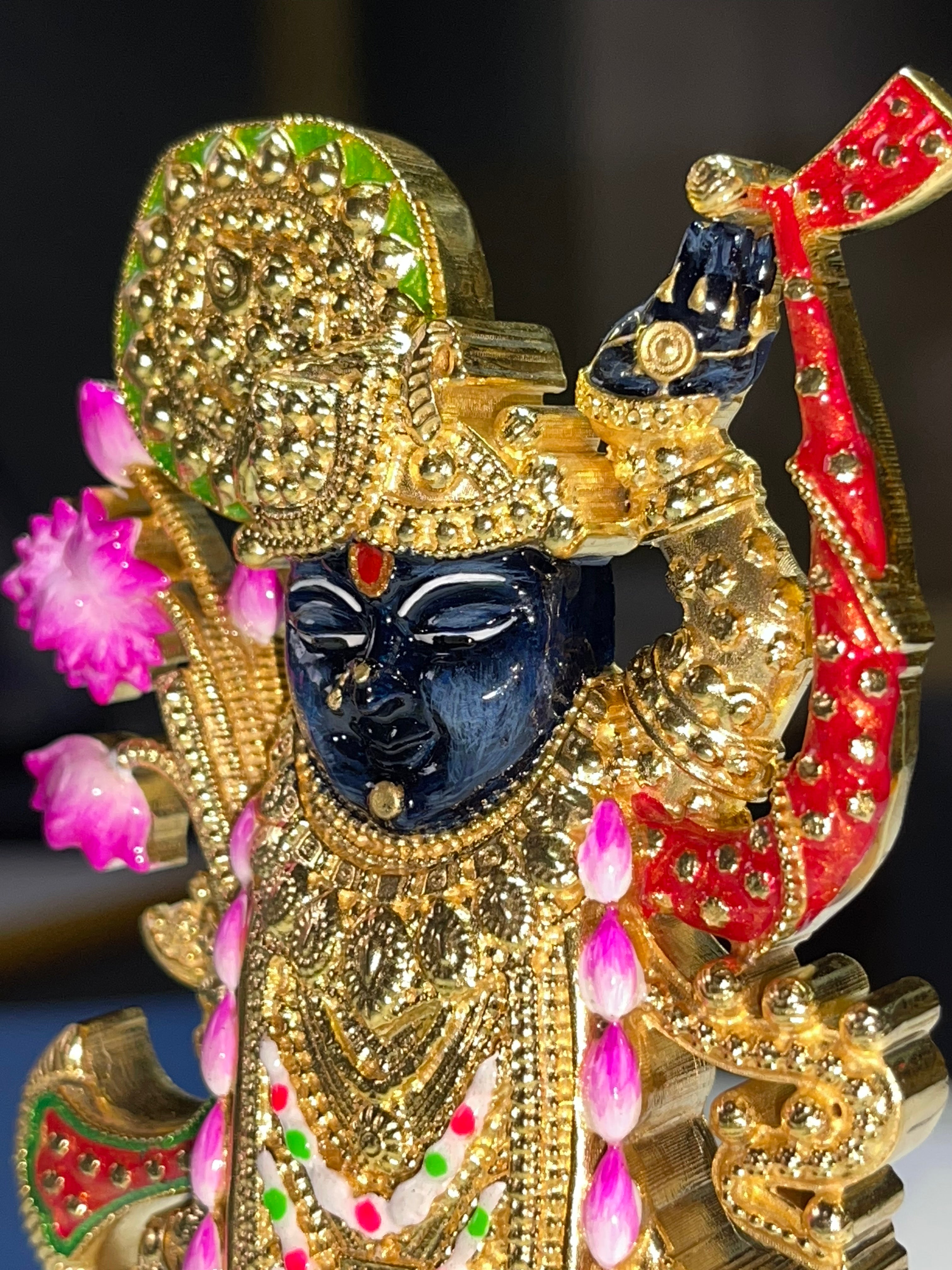 Shreenathji Murti Pure 925 Sterling Silver Idol | Gold Polish + Meena (Mina) Work | Nathdwara Srinathji Krishna Mandir Pooja Gift