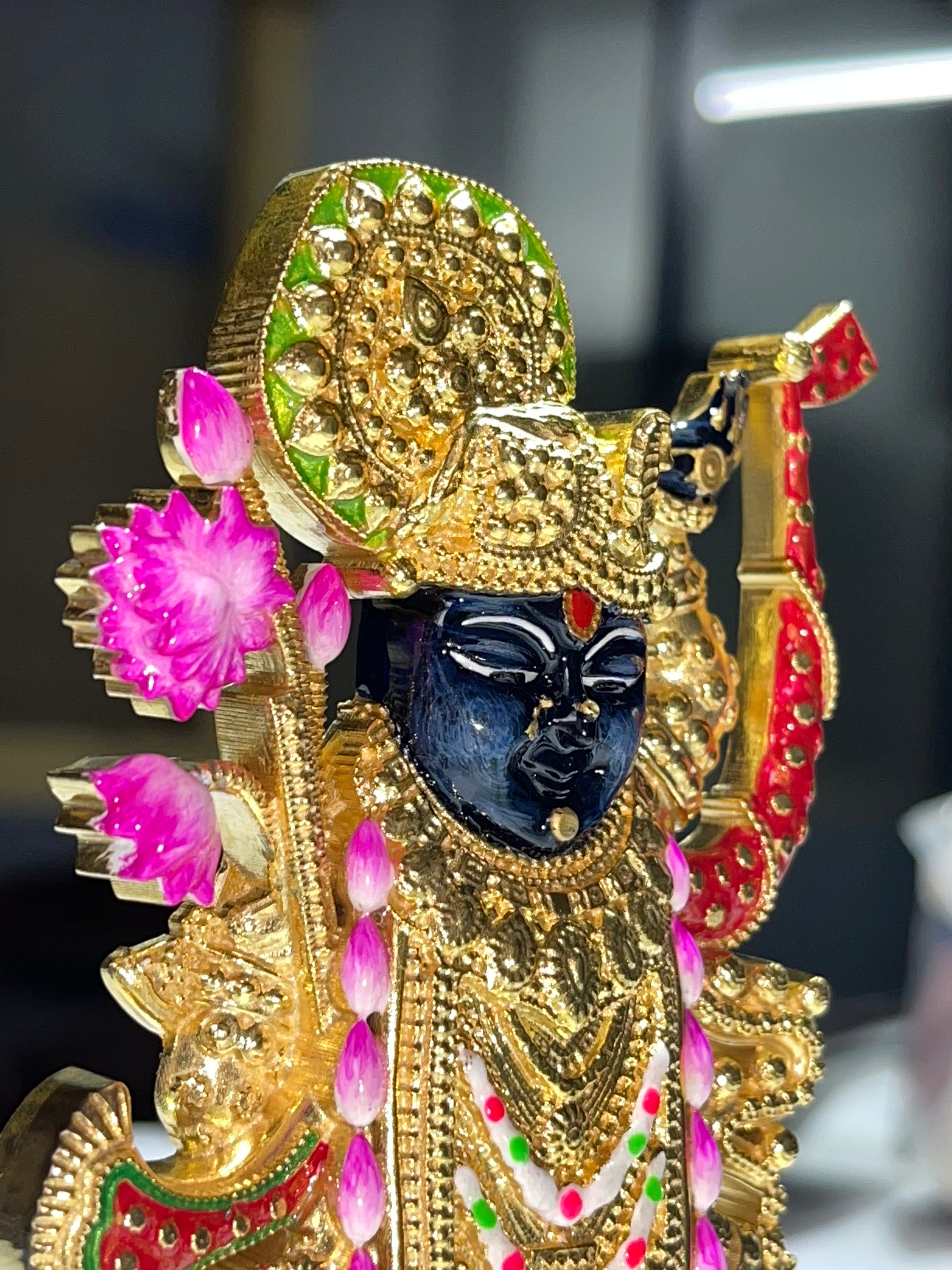 Shreenathji Murti Pure 925 Sterling Silver Idol | Gold Polish + Meena (Mina) Work | Nathdwara Srinathji Krishna Mandir Pooja Gift