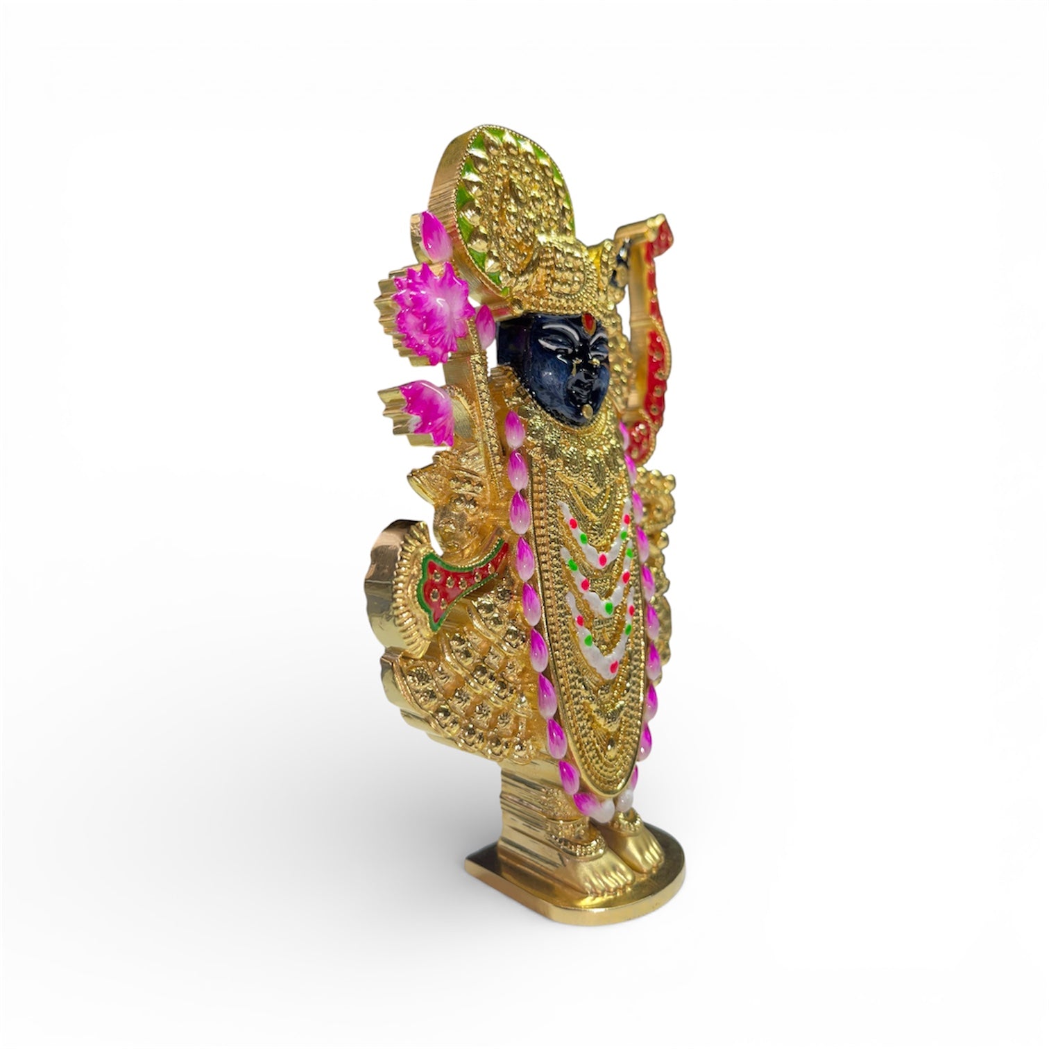 Shreenathji Murti Pure 925 Sterling Silver Idol | Gold Polish + Meena (Mina) Work | Nathdwara Srinathji Krishna Mandir Pooja Gift