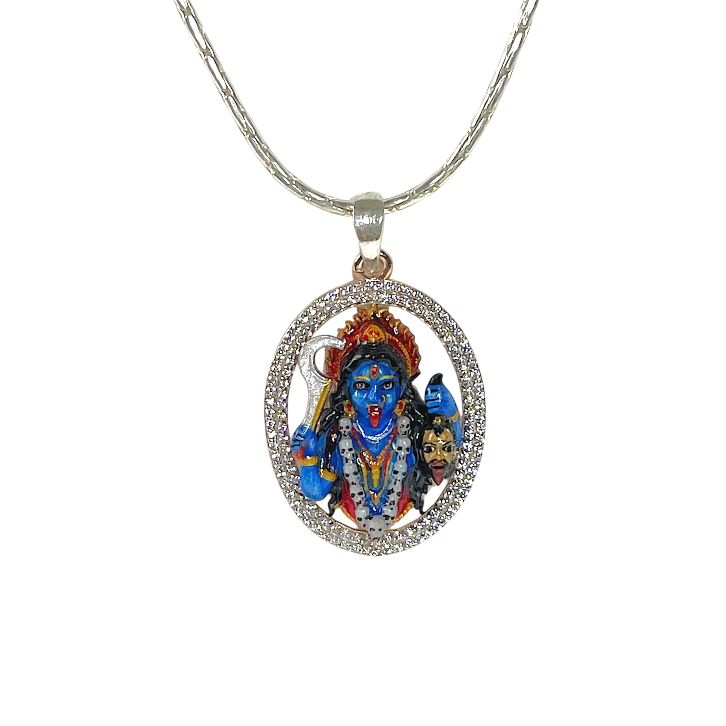 925 Sterling Silver Kali Maa Pendant with Premium Mina Work & Diamond Work | Divine Mahakali Protection Locket for Men & Women