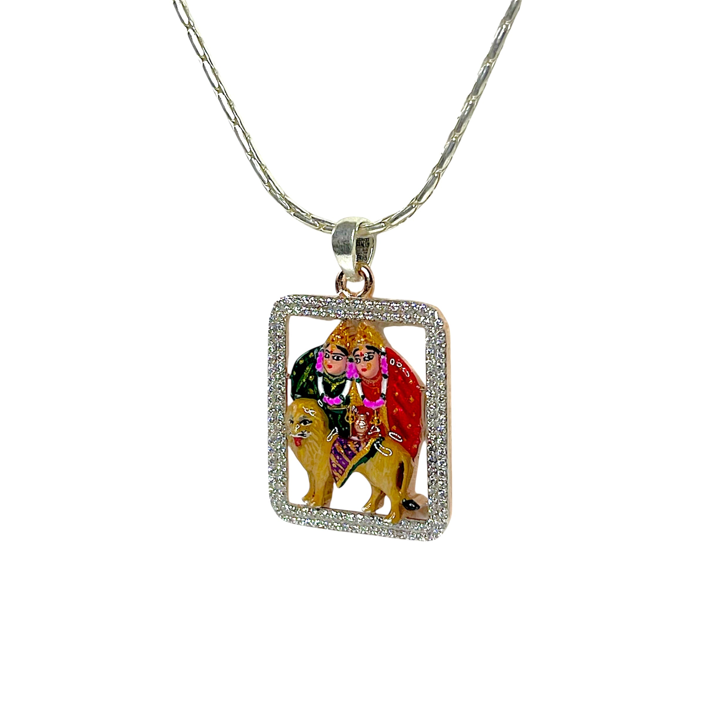 925 silver Chamunda Maa locket diamond detail