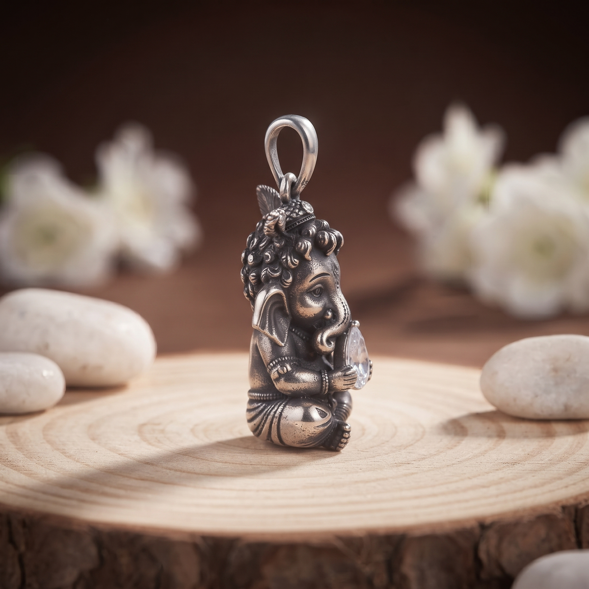 Lord Ganesha silver pendant with center pear diamond