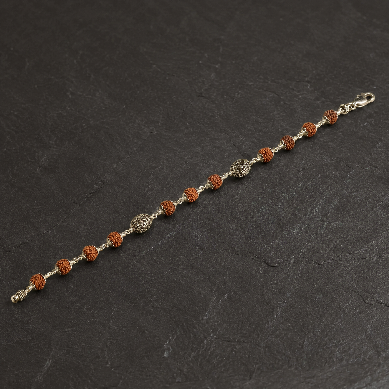 Panchmukhi Rudraksha and sterling silver Om bracelet front view