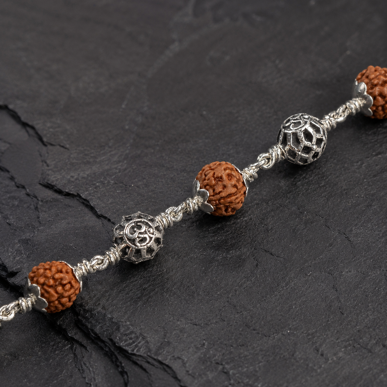 5 Mukhi Rudraksha bracelet with Round Om 925 silver beads